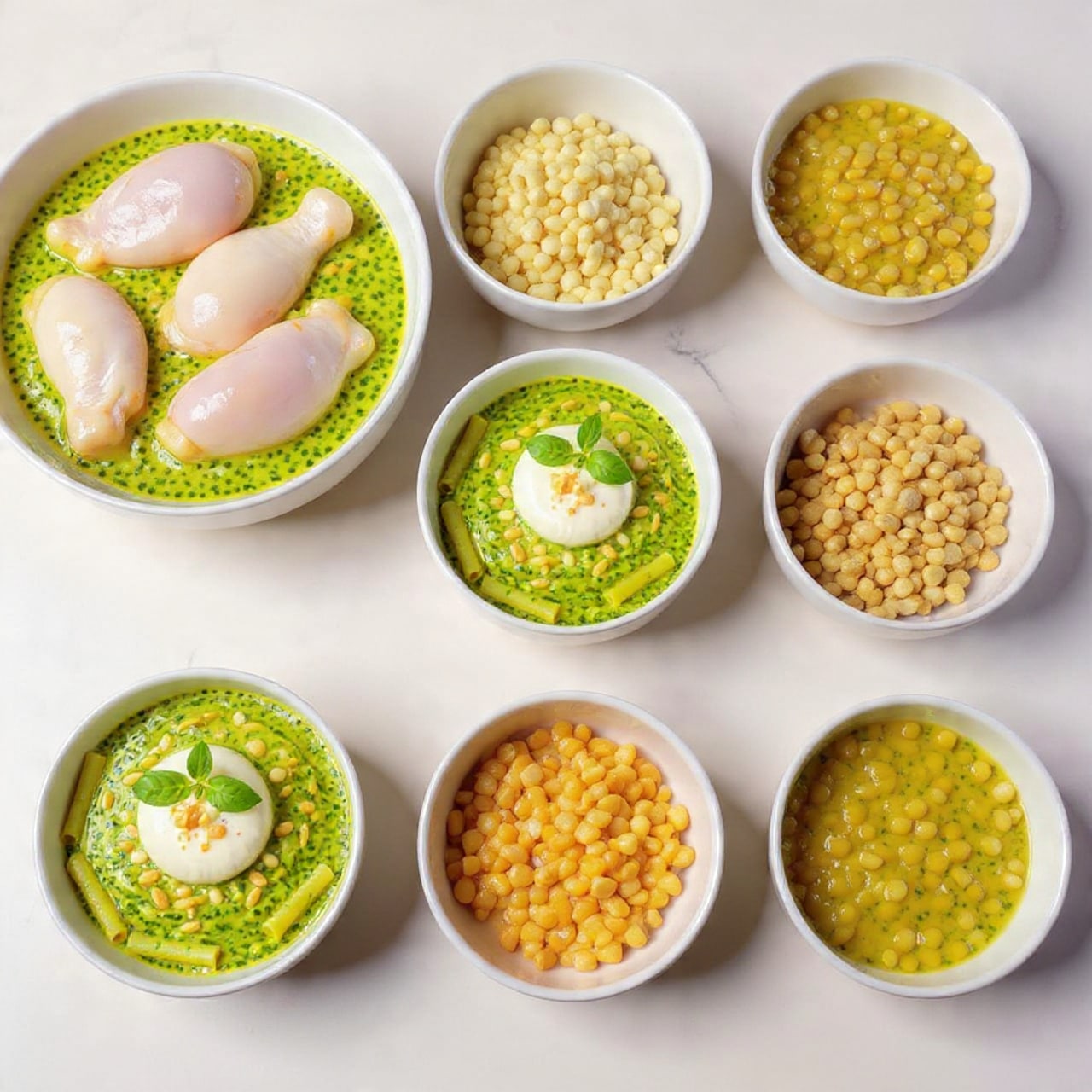 The image shows nine bowls arranged neatly on a white marbled surface; the largest bowl on the left holds three raw light pink and white chicken drumsticks with some skin texture visible. Surrounding it are eight smaller white bowls, each filled with different ingredients: starting from the top right, a bowl of light beige powder, next a bright red chili powder with coarse granules, below it a vibrant orange turmeric powder with a fine texture, below that a white granulated salt, then a dark soy sauce with a glossy surface, next a light yellow liquid which is likely oil, above that another dark soy sauce, next a slightly greenish-yellow clear oil, and lastly at the top left two small clear glasses with olive oil beside a small cluster of garlic cloves with papery skin; all bowls and glasses have a rustic texture and are placed carefully in a grid-like pattern. The photo taken with an iphone --ar 4:5 --v 7