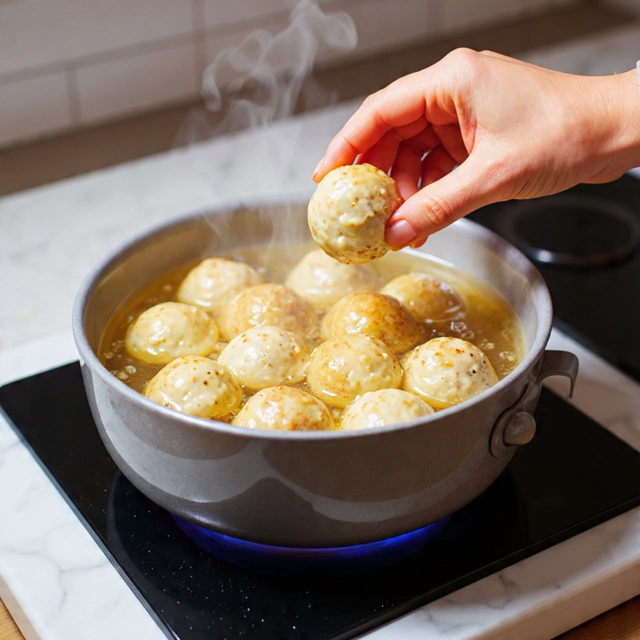 A close-up photo shows a woman’s hand placing a light brown meatball into a gray pot filled with clear, simmering broth. Inside the pot, there are many round meatballs, light beige to golden in color, floating on the surface of the broth. The pot sits on an electric stove with a soft purple flame visible beneath it. The background includes a blurred stovetop and kitchen items, while the surface beneath the stove is a white marbled texture. The lighting is warm and natural, highlighting the steam and bubbles in the broth. photo taken with an iphone --ar 4:5 --v 7
