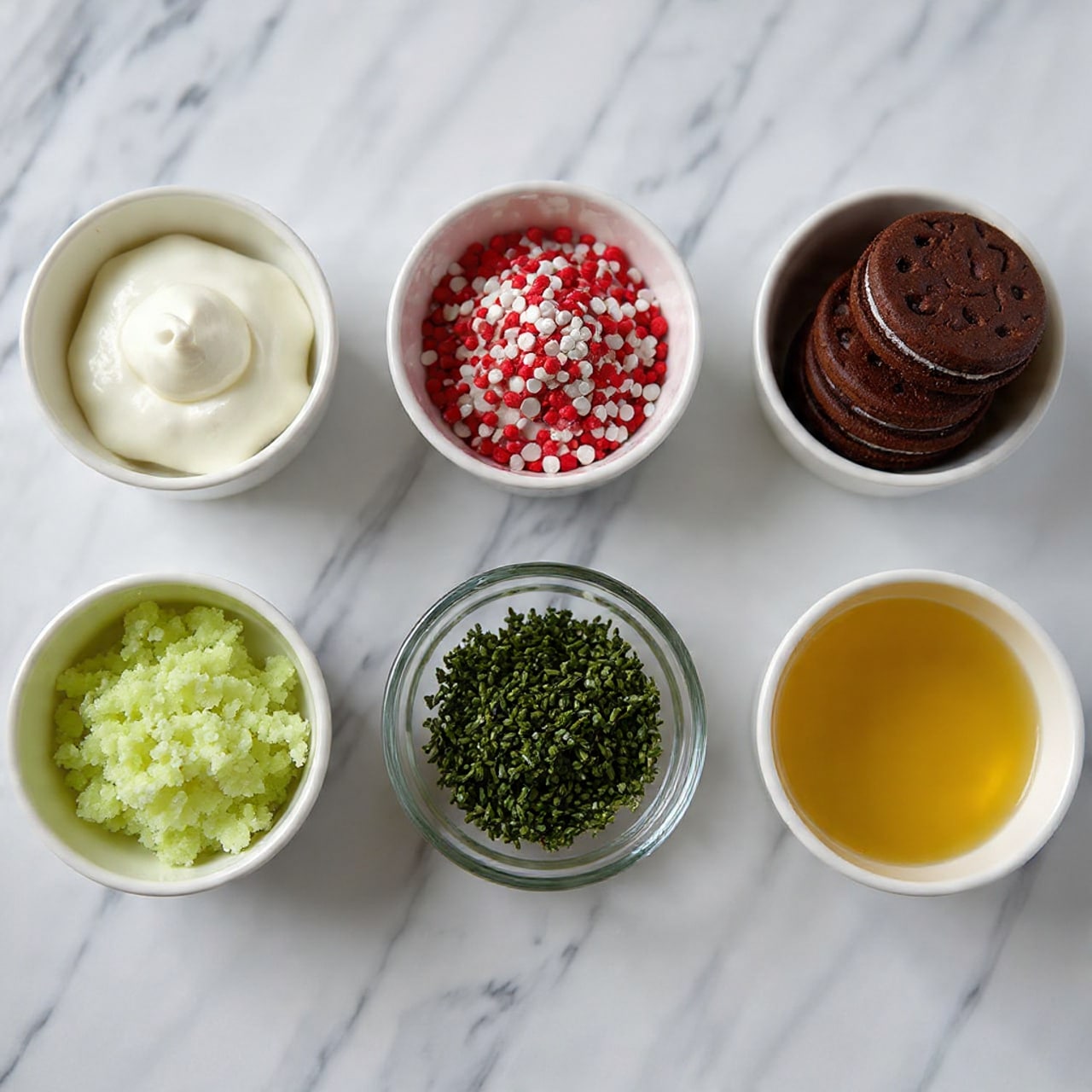 The image shows six small white bowls arranged on a white marbled surface, each with a different ingredient. The top left bowl is filled with a smooth, creamy, off-white mixture swirled in soft peaks. To its right, a bowl holds dark chocolate sandwich cookies neatly stacked, showing their textured tops. Below the cookies, a white bowl contains red and white heart-shaped and dot sprinkles, packed closely together. The bottom left bowl has light green chunks with a crumbly texture, while a clear glass bowl next to it holds loosely packed dark green herbs. In the center, a small white bowl holds a translucent golden liquid. photo taken with an iphone --ar 4:5 --v 7