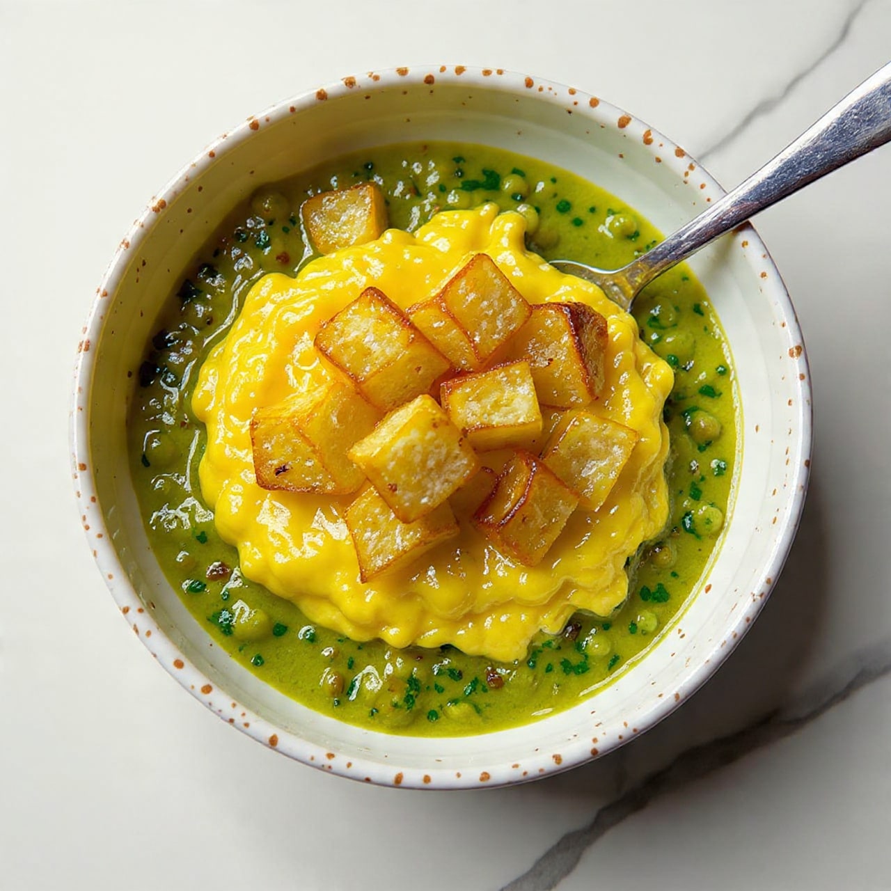 The image shows a white bowl with rustic brown specks around the rim, filled with a dish that has three visible layers. The bottom layer is a green sauce with a smooth and slightly oily texture, filling the base of the bowl. The middle layer appears to be a creamy scrambled egg mixture with a pale yellow color, mixed with small green herb bits. The top layer consists of golden-brown toasted bread cubes sprinkled with finely chopped green herbs. A metal spoon rests inside the bowl, slightly submerged in the dish. The bowl sits on a white marbled surface photo taken with an iphone --ar 4:5 --v 7