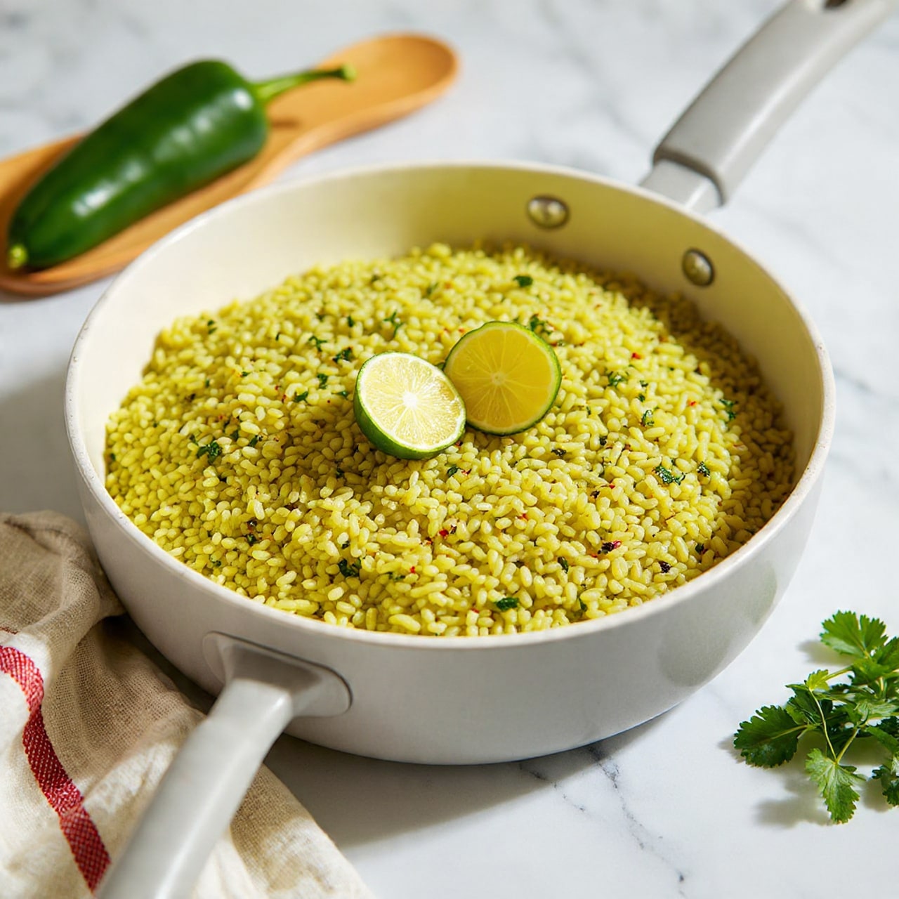 A large white pan filled with seasoned green rice, with visible herbs mixed throughout giving it a textured look. The rice grains are soft and fluffy, evenly spread across the pan, with two small lime wedges placed near the center top. The pan has grey handles and is placed on a white marbled surface. To the upper left of the pan, there is a wooden spoon, and near it, a dark green poblano pepper and fresh cilantro leaves can be seen. A white cloth with red stripes peeks out from beneath the pan’s handle. Photo taken with an iphone --ar 4:5 --v 7