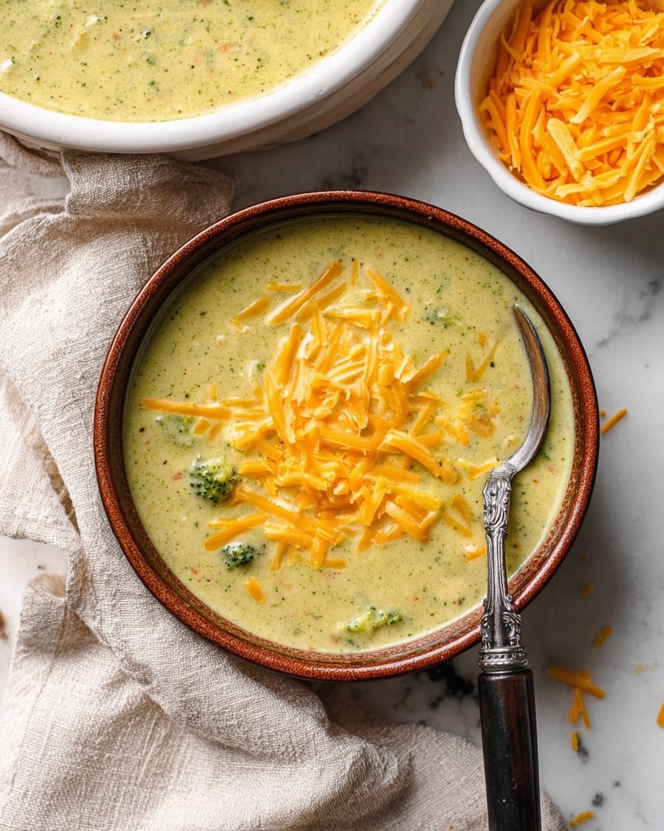 A round bowl with a brown rim holds a thick creamy green soup with small bits of broccoli and other vegetables. On top, there is a layer of bright orange shredded cheese scattered across the soup. A spoon with a silver ornate handle and dark brown end is placed inside the bowl on the right side. Nearby, there is a small white bowl filled with more shredded orange cheese, and part of another white bowl is visible on a white marbled surface. A beige cloth napkin is partly under the bowl. photo taken with an iphone --ar 4:5 --v 7