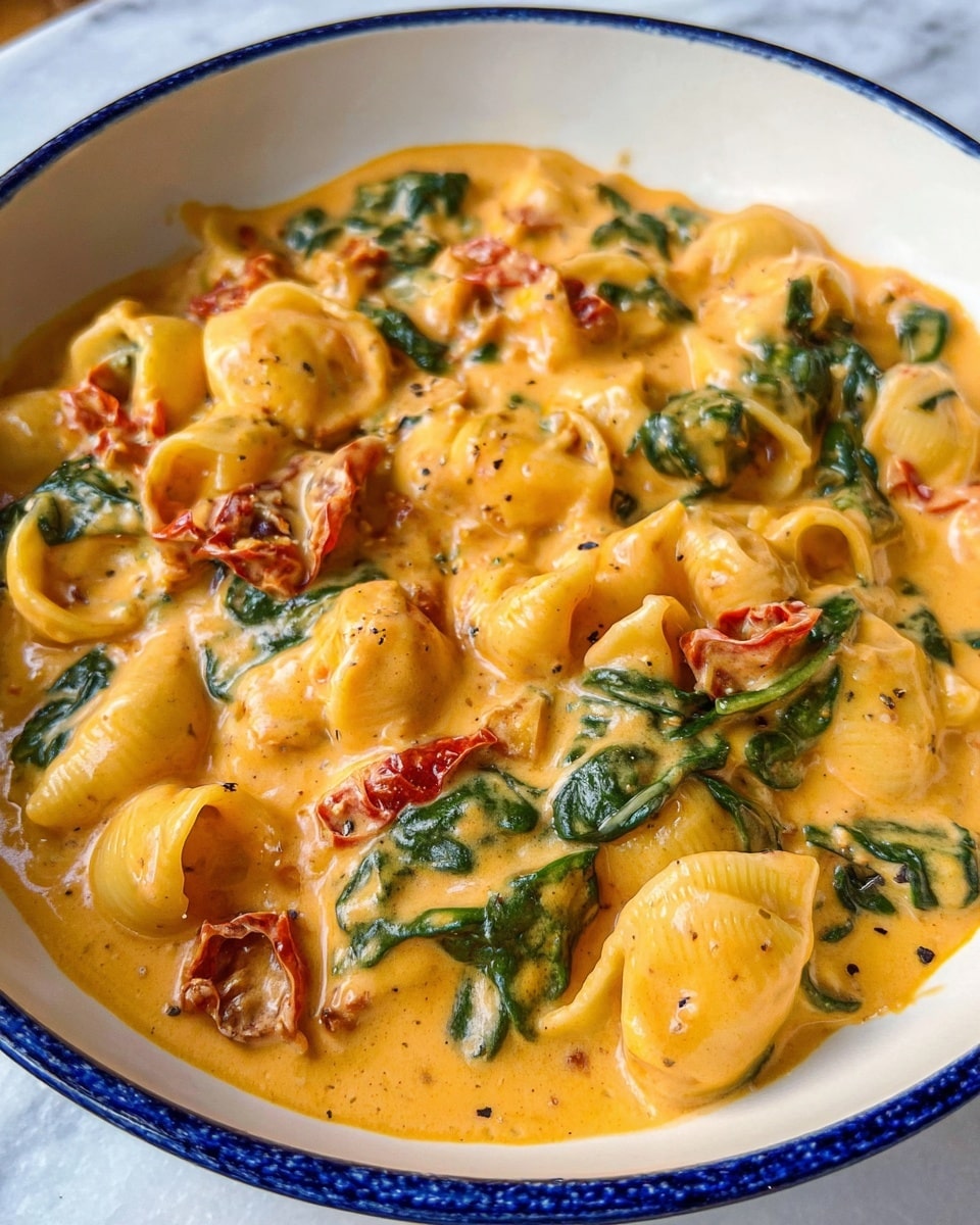 A close-up of a white bowl with blue rim filled with thick creamy orange sauce pasta. The dish includes small shell-shaped pasta pieces covered in the smooth sauce, mixed with green spinach leaves and red sun-dried tomato slices spread evenly across the surface. The sauce has a slightly glossy texture, with visible pepper specks and herbs giving a rich look. The bowl is placed on a white marbled surface. photo taken with an iphone --ar 4:5 --v 7