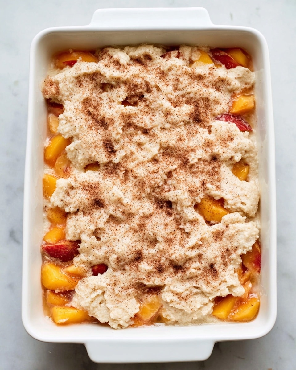 A white rectangular baking dish sits on a white marbled surface, filled with two layers: the bottom layer is made of bright orange peach chunks, some pieces showing red skin; on top is a thick, uneven layer of pale biscuit dough with a rough texture, sprinkled with a generous amount of light brown sugar and cinnamon. The dough has been gently spread, allowing some peach pieces to peek through, creating a natural, rustic look. Photo taken with an iphone --ar 4:5 --v 7