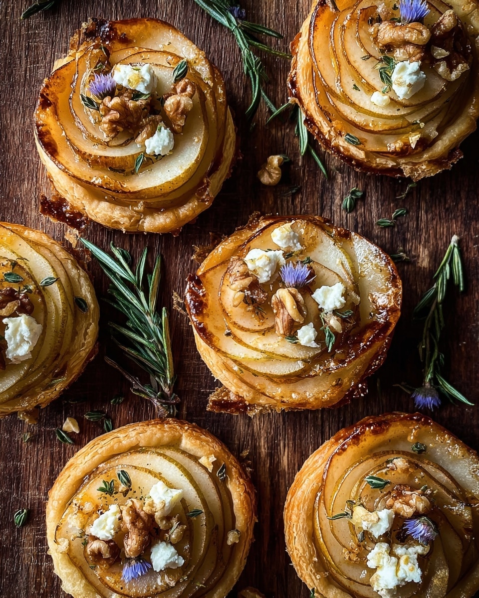 The image shows six small round tarts arranged closely on a dark wooden surface. Each tart has a golden, flaky puff pastry base with several thin, overlapping slices of cooked pear forming a spiral on top, their edges slightly browned. Scattered on the pears are small dollops of white cheese, roughly crumbled, adding a creamy texture. Light brown walnut halves are placed unevenly over the cheese and pears. Green sprigs of fresh herbs, mostly rosemary, along with small purple edible flowers, decorate each tart, adding spots of color and freshness. The lighting highlights the shiny, slightly caramelized surfaces of the pears and the crisp texture of the pastry. photo taken with an iphone --ar 4:5 --v 7