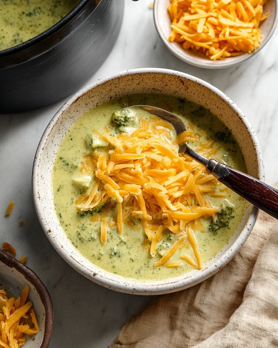 A white speckled bowl filled with creamy green soup that has small green and white chunks mixed inside, topped with a generous layer of bright orange shredded cheese scattered unevenly on top. A metal spoon with a dark brown wooden handle rests inside the bowl on the right side, partially submerged in the soup. The bowl sits on a white marbled surface, next to a beige cloth napkin on the right and a small white speckled bowl filled with more shredded orange cheese above it. The edge of a black pot with the same green soup inside is visible in the top left corner. Photo taken with an iphone --ar 4:5 --v 7