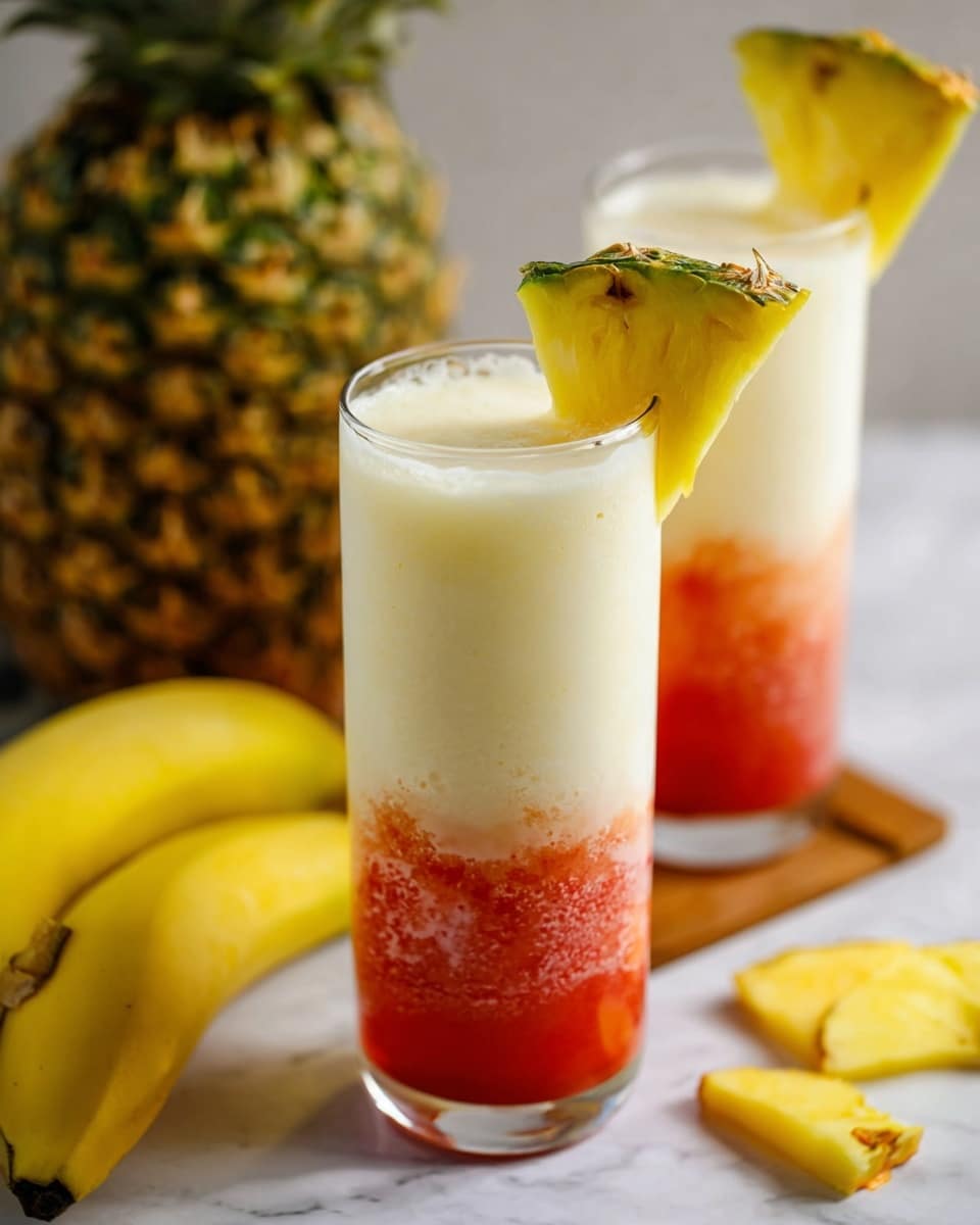 Two tall clear glasses each hold a drink with two layers: the bottom layer is a red, smooth liquid with swirls rising into the top creamy white layer that looks frothy and thick. Each glass is garnished with a triangular slice of pineapple with green skin and orange tips placed on the rim of the glass. The glasses are set on a light wooden board that rests on a white marbled surface. Around the glasses, there are two whole yellow bananas on the left, a whole pineapple with a textured yellow and green skin, and a few pieces of pineapple slices on the right. The photo is bright and sharp, taken with an iphone --ar 4:5 --v 7
