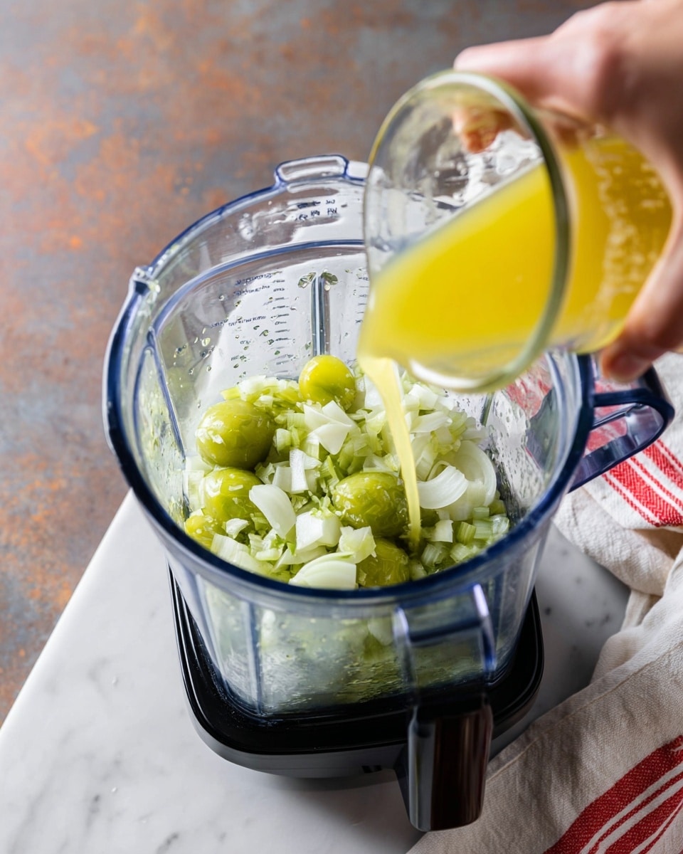 A clear blender container with a black top handle holds chopped green tomatillos and white onions at the bottom. A woman's hand is pouring bright yellow liquid from a small glass cup into the blender, adding a new layer of color and liquid texture. A white cloth with red stripes is placed near the blender. All items sit on a white marbled surface. photo taken with an iphone --ar 4:5 --v 7