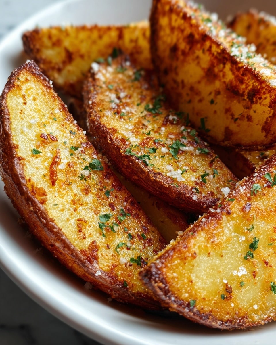The image shows several golden brown potato wedges in a white bowl, each wedge having a crispy, textured outer layer with a rough surface and small browned spots. The inside of the wedges is soft and yellow, visible around the edges. The wedges are sprinkled with tiny white granules that look like salt and small green parsley flakes, giving a fresh touch. The bowl sits on a white marbled surface, and the photo is close-up, showing the detailed texture of the potatoes. photo taken with an iphone --ar 4:5 --v 7