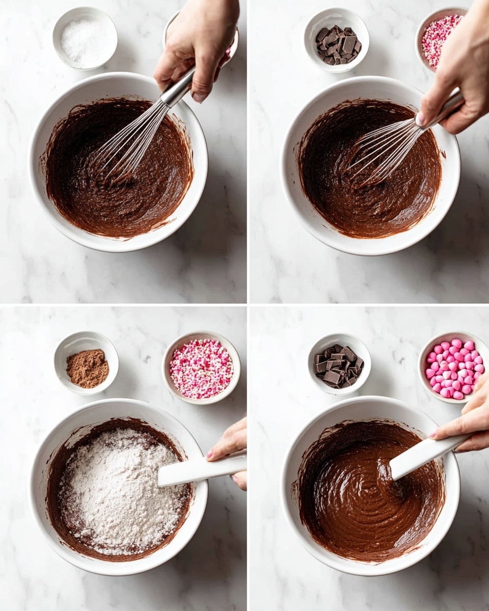 The image shows a set of four photos arranged in a grid, each depicting a white bowl on a white marbled surface with chocolate cake batter in different stages of mixing. In the top left photo, a woman's hand is whisking a dark brown, slightly grainy chocolate mixture. The top right photo shows a smoother, glossier chocolate batter being whisked by a woman's hand. In the bottom left photo, dry ingredients including cocoa powder and flour sit on top of the batter in the bowl with a white spatula resting inside, and various small bowls of pink, red, and white candy and chopped chocolate pieces are placed around the bowl. The bottom right photo shows the batter thoroughly mixed with a smooth, thick texture, being stirred by the white spatula. Photo taken with an iphone --ar 4:5 --v 7