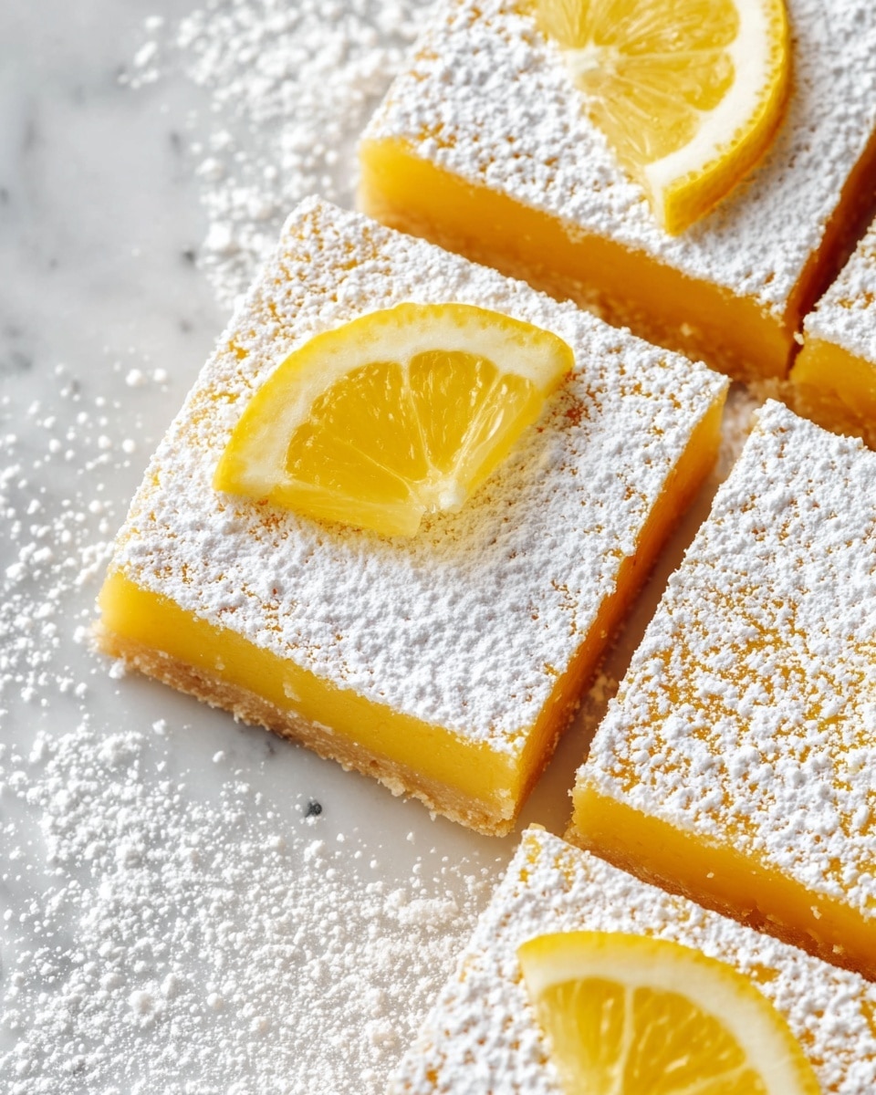 A close-up of lemon bars cut into square shapes, each showing two layers: a bright yellow, smooth lemon filling layer on top of a light sandy-colored crust layer. The entire surface of the lemon filling is covered with a thick dusting of white powdered sugar. Two of the lemon bars are topped with small, fresh lemon wedge slices showing a glossy, juicy texture. The lemon bars sit on a white marbled surface lightly dusted with powdered sugar photo taken with an iphone --ar 4:5 --v 7