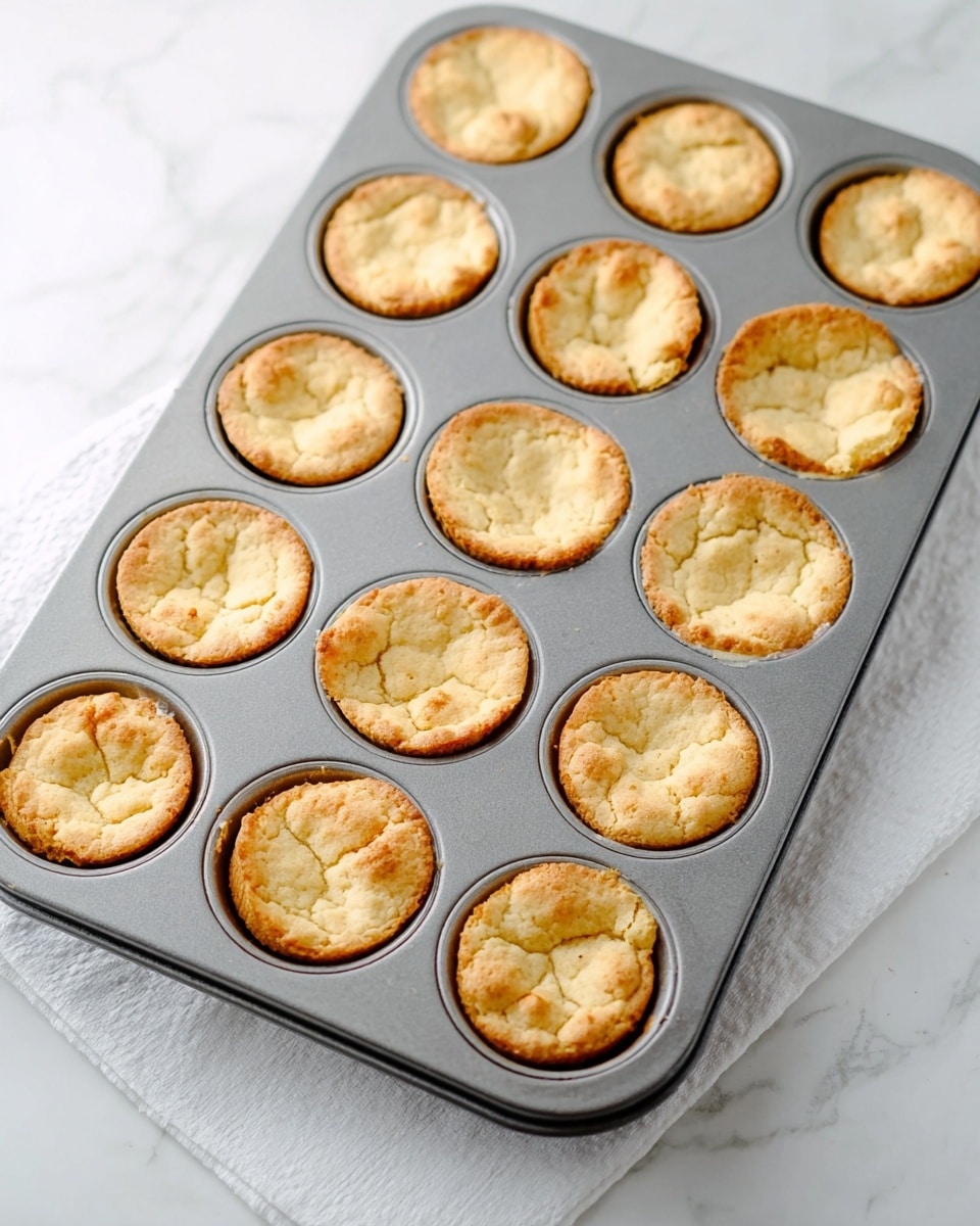 A gray muffin tray holds twenty small round baked pieces, each with a lightly golden, cracked top and a slightly sunken center, giving them a soft and crumbly texture. One piece near the edge is slightly lifted, showing a bit of a rough side. The tray is placed on a white marbled surface with a white cloth partially visible beneath it. The overall scene is bright with soft shadows. photo taken with an iphone --ar 4:5 --v 7