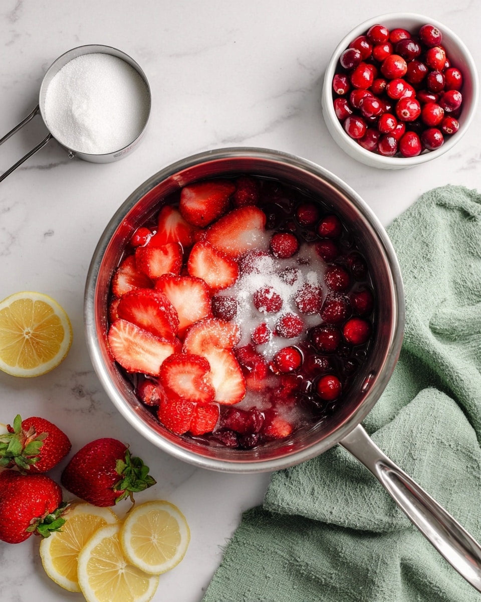A shiny metal pot sits on a white marbled surface with a green cloth nearby. Inside the pot, there is one layer of small red cranberries at the bottom, topped with a second layer of large sliced strawberries and a sprinkle of white granulated sugar on top.