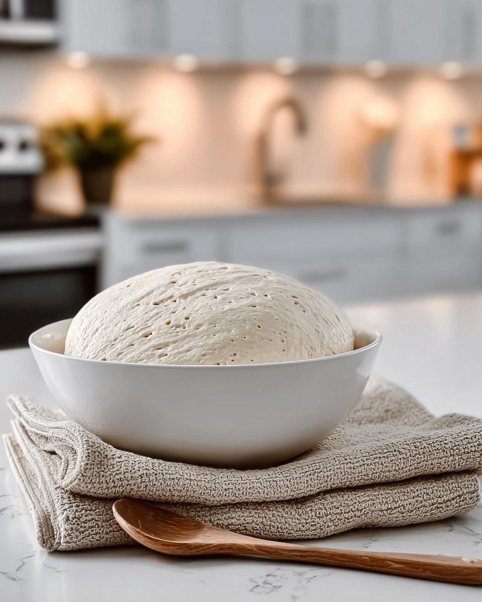 A large white bowl filled with a smooth, pale dough that has risen and expanded above the rim. The dough surface is slightly uneven with small air bubbles and a shallow crack running across it. The bowl sits on a white marbled countertop next to two neatly folded beige kitchen towels with woven stripes stacked on top of each other. In front of the towels is a wooden spoon with a smooth, polished surface resting flat on the countertop. The background is softly blurred, showing a light, modern kitchen setting with warm overhead lights glowing. Photo taken with an iphone --ar 4:5 --v 7