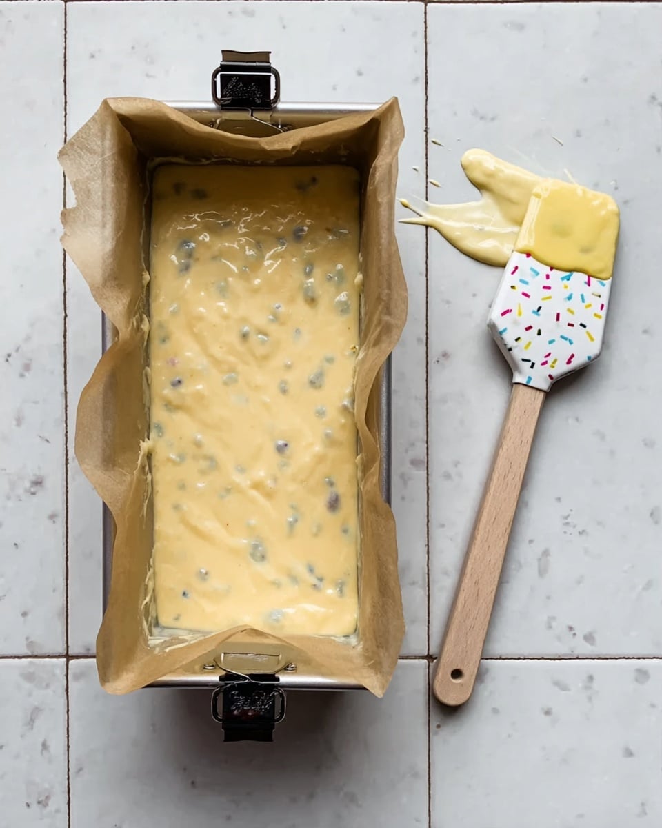 A rectangular metal baking pan lined with brown parchment paper held in place by two black binder clips on the longer sides, filled with smooth, thick, light yellow batter with a few scattered darker spots, likely fruit or chocolate. Next to the pan lies a white spatula with colorful sprinkles pattern, coated in the same batter, resting on a white marbled tile surface. The scene is simple and clean, focused on the batter in the pan. photo taken with an iphone --ar 4:5 --v 7