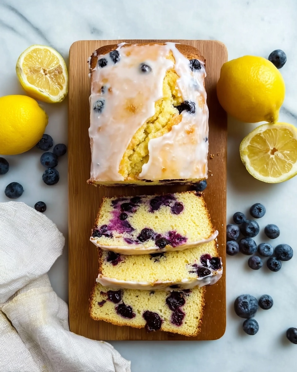 The image shows a sliced blueberry lemon cake placed on a wooden board. The cake has two visible layers: a light yellow cake layer filled with scattered dark purple blueberries and a thin white icing layer on top. Three slices are laid flat in the front, showing the inside texture with blueberries mixed evenly, and the rest of the loaf is positioned behind them. To the right, a white scalloped plate holds another slice of the cake along with some loose blueberries and a silver fork. In the background and foreground, there are whole yellow lemons and a white marbled surface beneath everything. The whole scene is softly lit, giving a fresh and inviting look. photo taken with an iphone --ar 4:5 --v 7