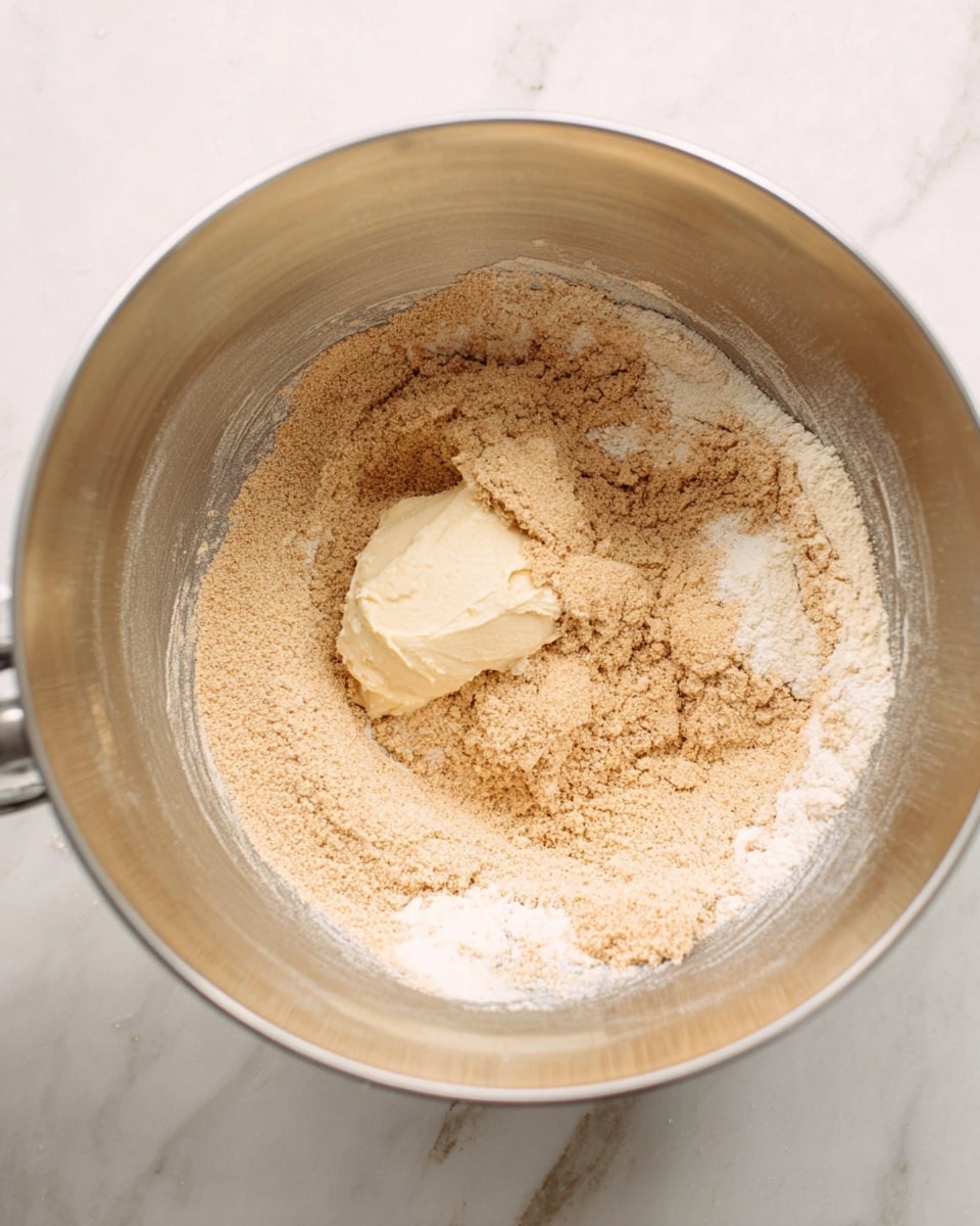 A metal mixing bowl shows three layers of ingredients: at the bottom, a beige grainy powder covers most of the bowl's base with uneven texture, a lighter beige fluffy dollop resembling dough or batter sits on top toward the lower center, and sprinkled over all is a small amount of fine white and light pink powder in the center. The bowl is placed on a white marbled surface. Photo taken with an iphone --ar 4:5 --v 7