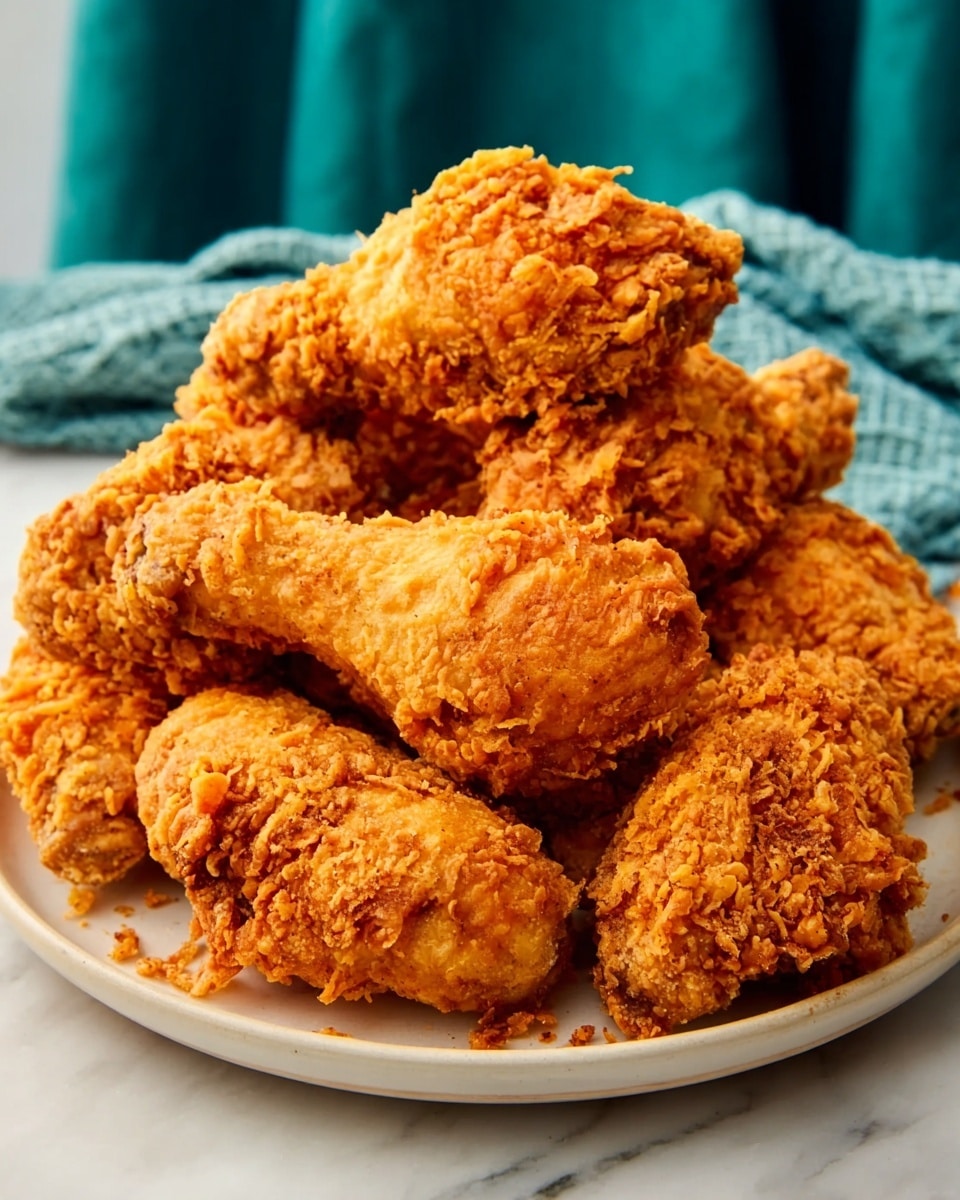 The image shows a white plate piled high with golden-brown fried chicken pieces. Each piece has a crispy, rough texture with crunchy-looking breading. The chicken pieces are stacked in a casual, slightly messy way, showing different parts such as drumsticks and thighs. The background is a white marbled surface with a teal cloth hanging behind, adding contrast to the warm color of the chicken. photo taken with an iphone --ar 4:5 --v 7