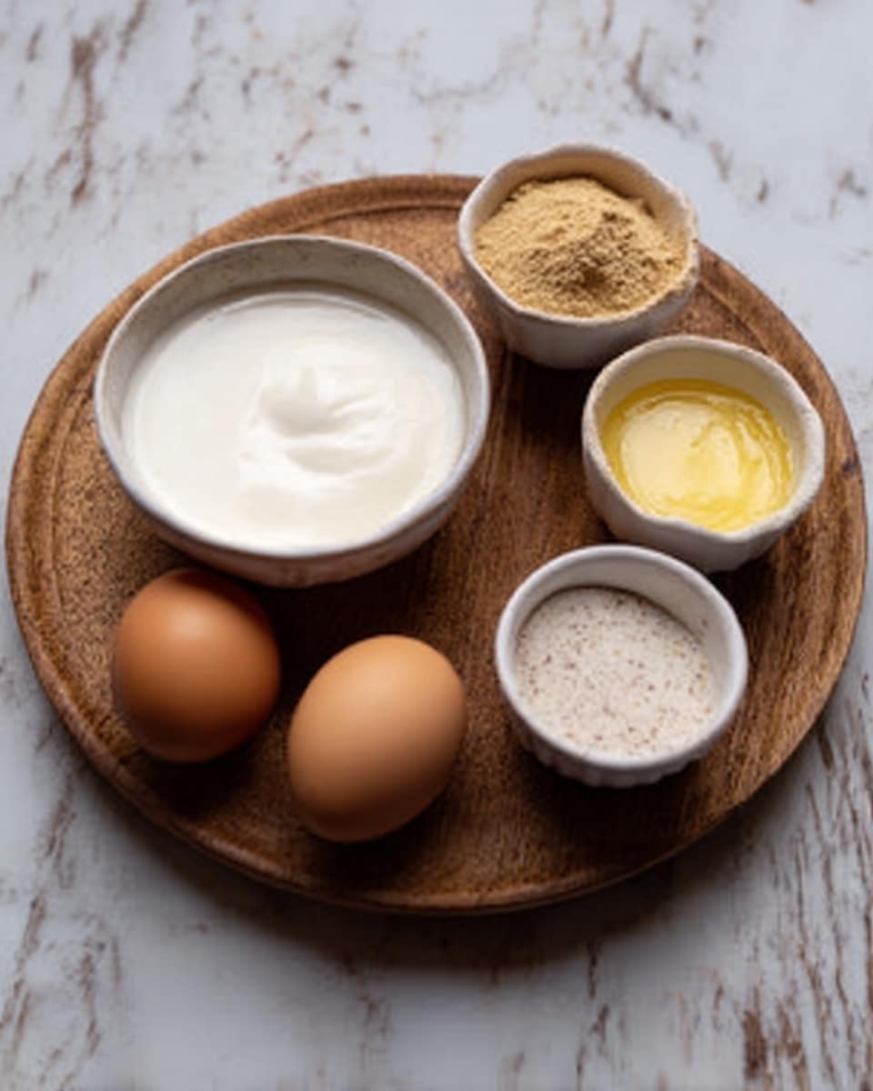The image shows a wooden board on a white marbled surface with four small white bowls and two eggs. One bowl is filled with a thick white liquid, another with a light brown powder, the third with a grainy yellow mixture, and the fourth with a speckled beige substance. The two whole eggs are placed near the front left side of the board. photo taken with an iphone --ar 4:5 --v 7