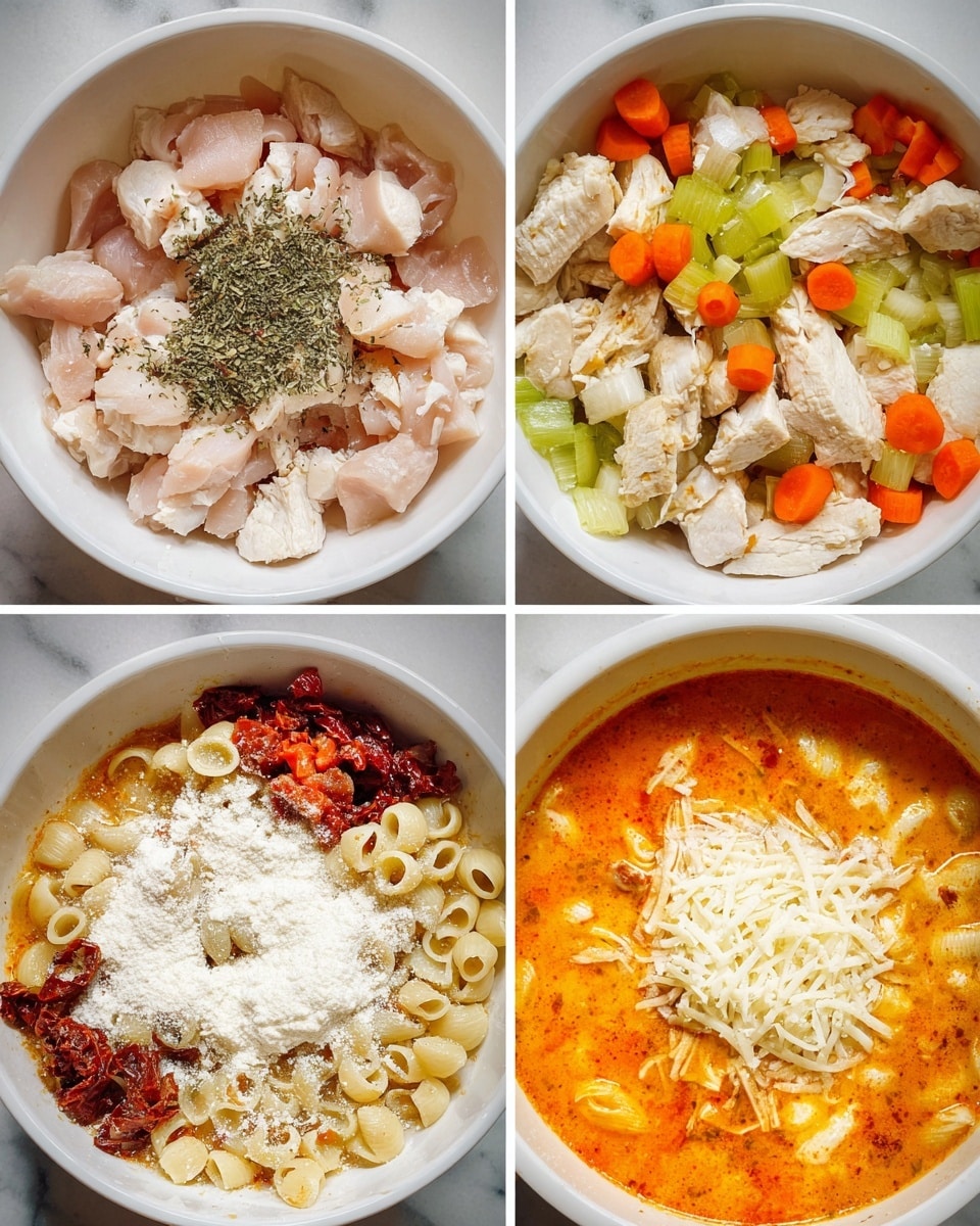 A white bowl shows four stages of cooking a creamy soup. The first stage has many small pieces of raw pale pink chicken, sprinkled with dried green herbs. The second stage shows cooked white chicken pieces with bright orange carrot sticks, white chopped onions, dark red sun-dried tomatoes, and chunky green celery pieces on top. The third stage has the mixed cooked ingredients again with white powder sprinkled all over, adding a light dusting on the colorful mix of orange, green, red, and white. The last stage shows the final creamy soup, orange in color with pasta shells visible, topped with a dollop of white cream and a small pile of shredded white cheese in the center. All is set on a white marbled surface. photo taken with an iphone --ar 4:5 --v 7