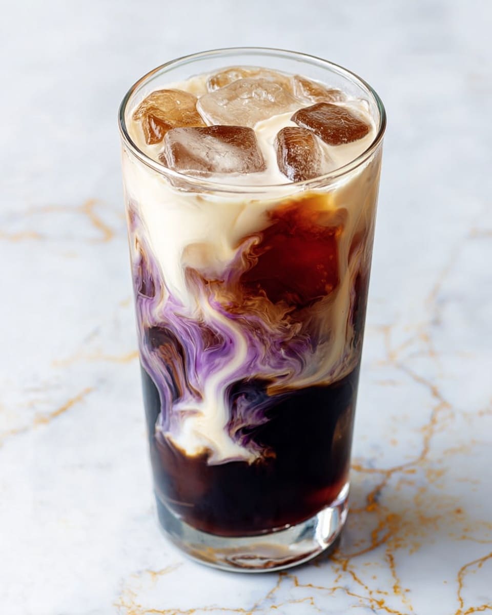 A tall clear glass filled with dark brown liquid at the bottom layer, with swirls of creamy white liquid gently mixing in, creating soft waves of purple where the two colors blend. Large ice cubes float on the top layer, catching the light and showing their clear, slightly frosted texture. The glass rests on a white marbled surface with fine gold veins lightly visible beneath. photo taken with an iphone --ar 4:5 --v 7