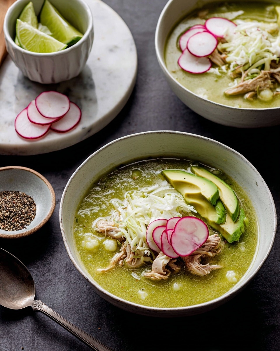 The image shows two white bowls filled with green soup placed on a dark surface, one closer to the front right and the other further back. Each bowl has three main layers: the green soup as the base, shredded light-colored meat and bits of cauliflower floating in the soup, and on top, a small mound of thinly sliced white cabbage, thin round slices of radish with a pink edge, and avocado slices arranged in a fan shape on the right side. Next to the front bowl, there is a small white dish with coarse black pepper and a metal spoon lying on the surface below. In the background, two small white bowls hold lime wedges and more radish slices, all on a white marbled surface. photo taken with an iphone --ar 4:5 --v 7