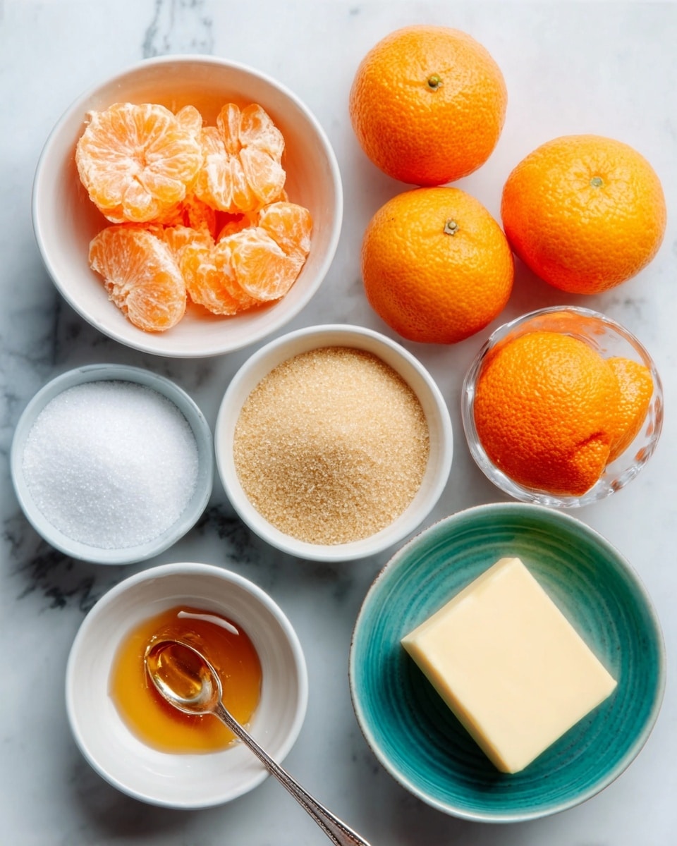 The image shows a top view of six round white bowls arranged on a white marbled surface. Four whole bright orange tangerines are placed in the top right bowl, while the top left bowl holds several orange tangerine segments. Below these, the middle bowls contain white granulated sugar on the left and light brown light brown sugar on the right. A small white bowl with coarse salt is in the bottom center. A white bowl with a square block of pale yellow butter is on the bottom right. A small teal bowl with a spoonful of golden honey sits at the bottom left. The woman’s hand is visible in the top left, gently holding the bowl with tangerine segments. Photo taken with an iphone --ar 4:5 --v 7