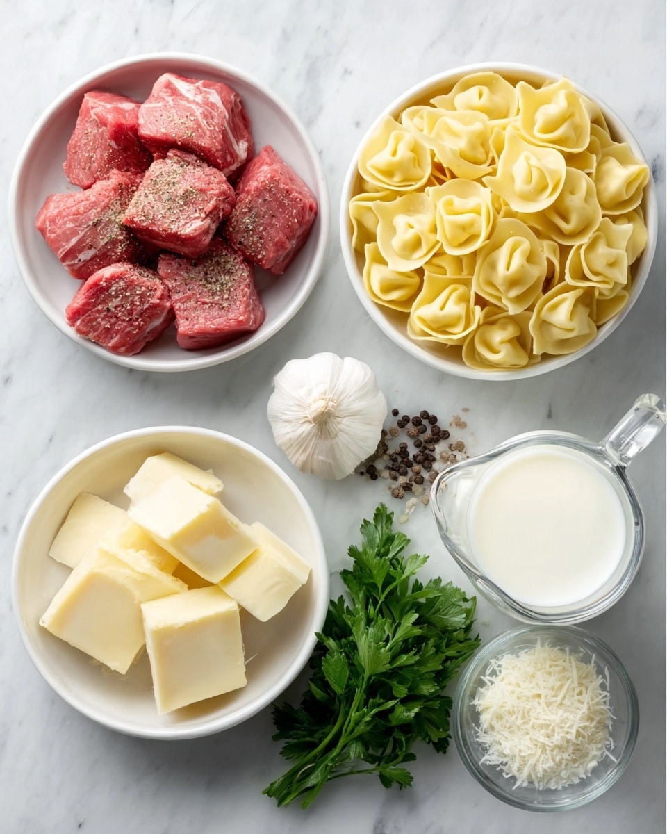 The image shows four white bowls arranged in a grid on a white marbled surface. The top left bowl contains several pieces of raw red meat, cut into cubes and lightly sprinkled with black pepper. The top right bowl is filled with yellow tortellini pasta, neatly piled and showing its soft, folded texture. The bottom left bowl holds three light yellow blocks of butter next to a garlic bulb and some black peppercorns. The bottom right bowl has a bunch of fresh green parsley, a small mound of white grated cheese, and a clear glass pitcher filled with white cream. Photo taken with an iphone --ar 4:5 --v 7