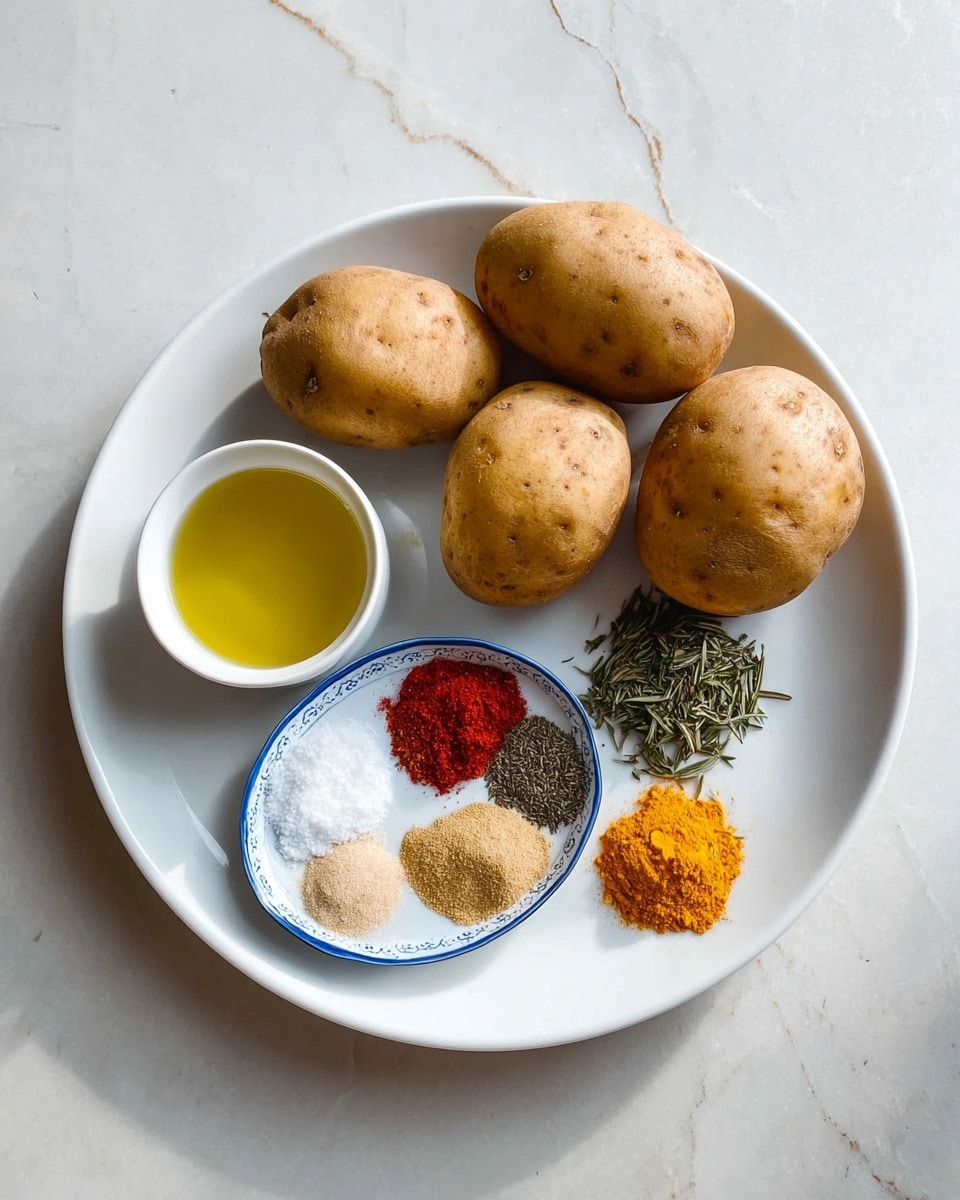 A white plate sits on a white marbled surface, holding six whole light brown potatoes arranged along the back edge. In the front right of the plate is a white bowl with a blue rim containing six small piles of different spices: white salt, green dried rosemary, dark black pepper, bright red paprika, golden yellow turmeric, and a beige powder. To the front left of the bowl on the plate is a small white container filled with yellow oil. The scene is bright and simple, showing natural textures of the potatoes and vibrant colors of the spices. Photo taken with an iphone --ar 4:5 --v 7