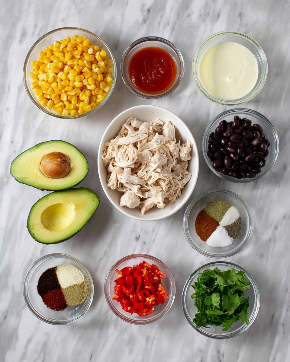 The image shows several small clear glass bowls arranged on a white marbled surface, each containing different ingredients. From top left going clockwise, there is a bowl filled with bright yellow corn kernels, a bowl with red sauce, a bowl with a pale yellow liquid, a bowl of white creamy yogurt, a bowl filled with black beans, two halves of an avocado with green flesh and grid marks, a bowl with four different spices in distinct sections (red, brown, black, and white), a bowl with finely chopped red peppers, and a bowl with fresh green herbs. In the center is a white bowl filled with shredded light beige chicken. photo taken with an iphone --ar 4:5 --v 7