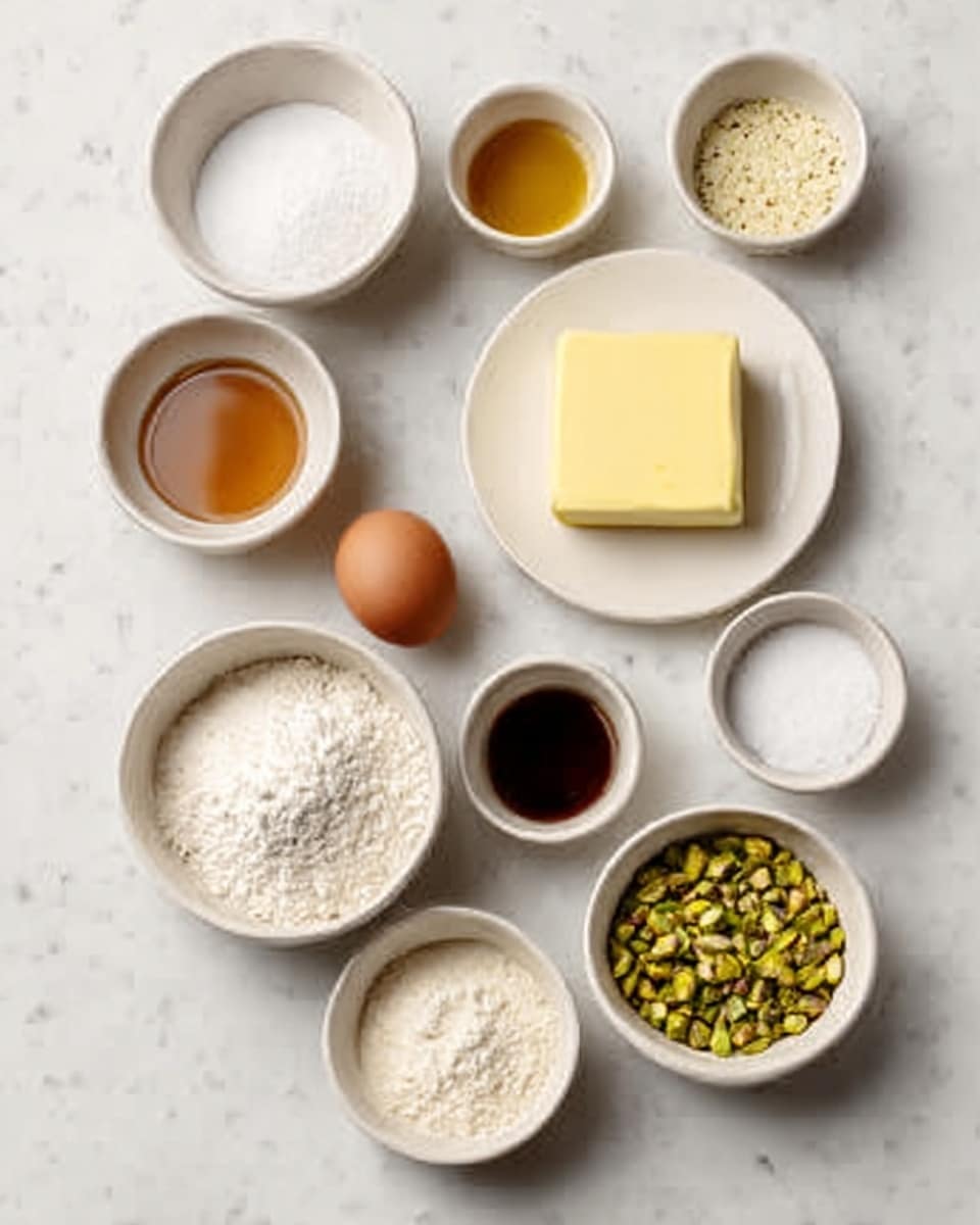 The image shows a white marble surface with nine small white bowls and one white plate arranged neatly. The white plate holds a square piece of yellow butter. One bowl contains white sugar, another honey, and one has a dark liquid, likely vanilla extract. There is a single brown egg placed directly on the marble. Two bowls contain small amounts of white powder, likely baking powder and baking soda. Another bowl is filled with white flour, and the last bowl is filled with chopped pistachios, light green with some browns mixed in. photo taken with an iphone --ar 4:5 --v 7