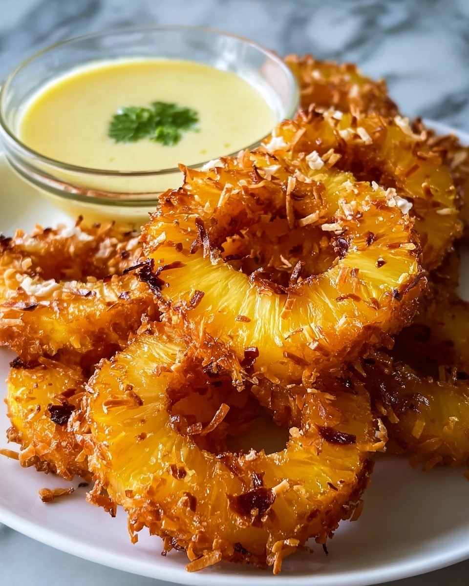 The image shows a close-up view of several golden brown pineapple rings that are deep-fried with a crispy outer layer made of shredded coconut, giving the edges a rough texture with toasted coconut flakes sticking out. The pineapple rings have a vibrant yellow color in the middle with caramelized spots on the surface, stacked loosely on a white plate. Behind the pineapple rings, there is a small clear glass bowl filled with a smooth light yellow dipping sauce topped with a small green herb leaf. The plate is placed on a white marbled surface. photo taken with an iphone --ar 4:5 --v 7