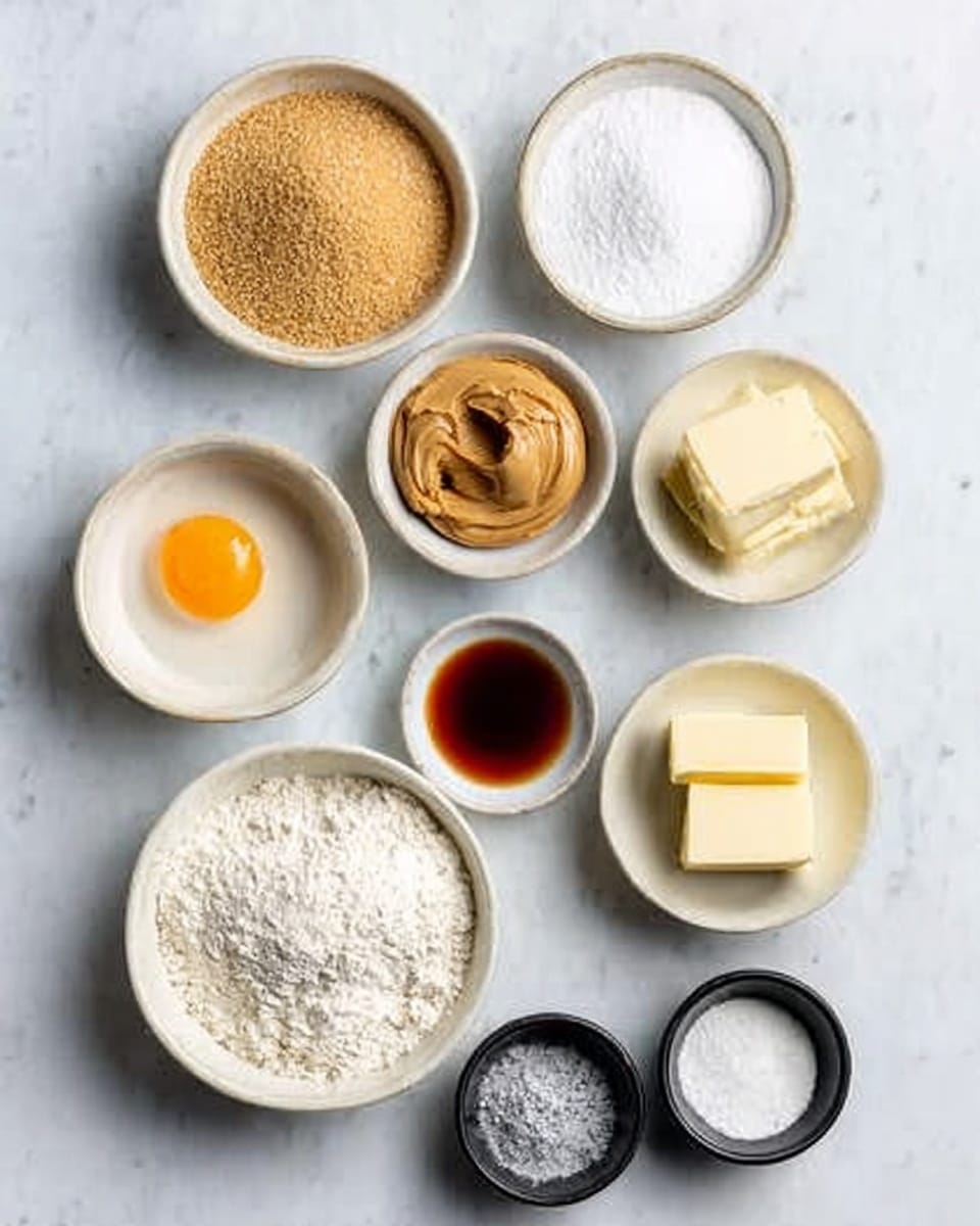 The image shows small bowls arranged on a white marbled surface, each filled with ingredients used in the recipe: light brown sugar, granulated sugar, unsweetened cocoa powder, a large egg, vanilla extract, all-purpose flour, baking soda, salt, and unsalted butter. The overall image is bright and clear, with a neat and clean layout on a white marbled surface. Photo taken with an iPhone.