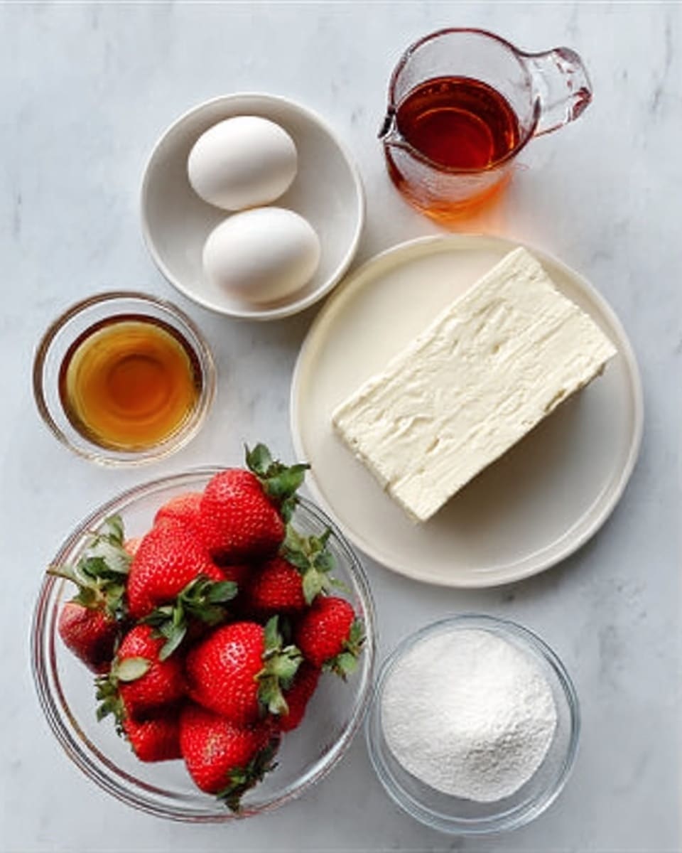The image shows a white marbled surface with ingredients arranged neatly: a block of soft white cream cheese on a small white plate, a clear glass bowl of fresh red strawberries with green leaves, a smaller clear bowl containing one white egg, a small clear bowl with light brown vanilla extract, and a clear measuring cup filled with white granulated sugar. The layers include creamy white cheese with a smooth texture, bright red strawberries with a glossy look, and white egg and sugar adding simple clean colors. photo taken with an iphone --ar 4:5 --v 7