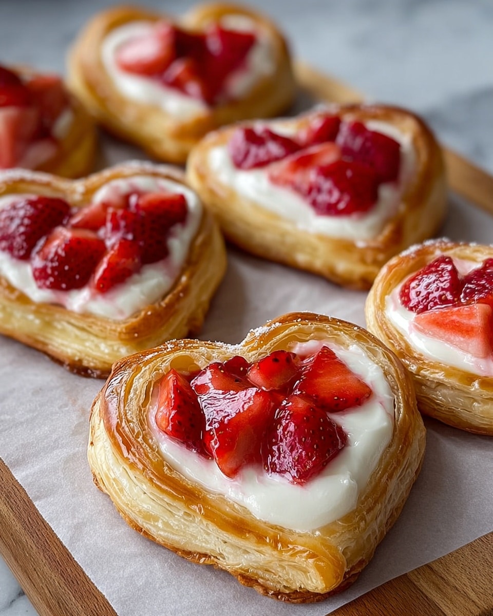 The image shows six heart-shaped pastries arranged on white parchment paper over a white marbled surface. Each pastry has three layers: the base is a golden, flaky puff pastry with visible layers and a shiny, light brown crust; the middle layer is a smooth white cream that fills the heart shape inside the puff pastry; on top, there are bright red, juicy strawberry pieces that look fresh and glossy, placed evenly within the cream layer. The pastries are closely grouped, with the front one in sharp focus, highlighting the detailed textures of the puff pastry and strawberries. photo taken with an iphone --ar 4:5 --v 7