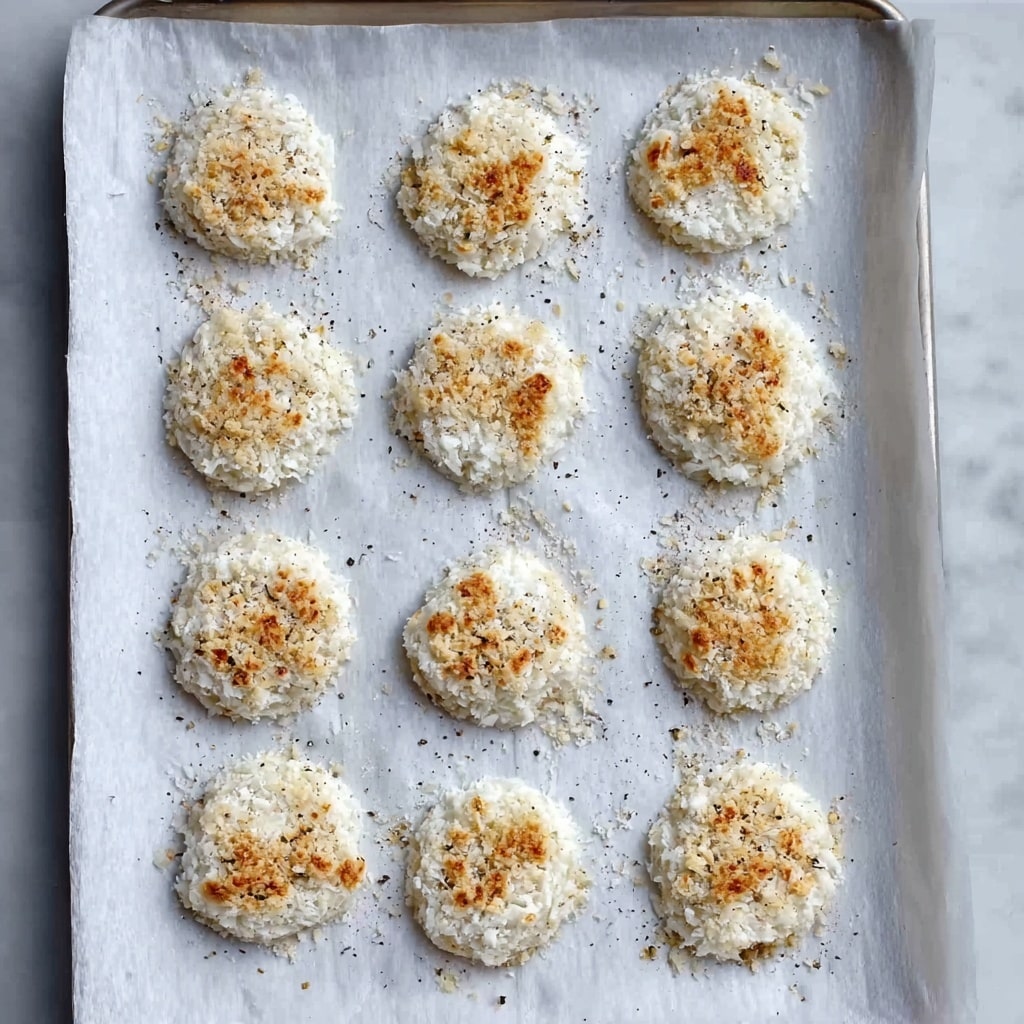 Twelve small, round pieces of food are arranged in three rows of four on a white parchment paper placed on a baking tray. Each piece has a crumbly white texture with some toasted golden brown spots on top, and small specks of seasoning are lightly scattered around and between them on the paper. The scene is set on a white marbled surface. photo taken with an iphone --ar 4:5 --v 7