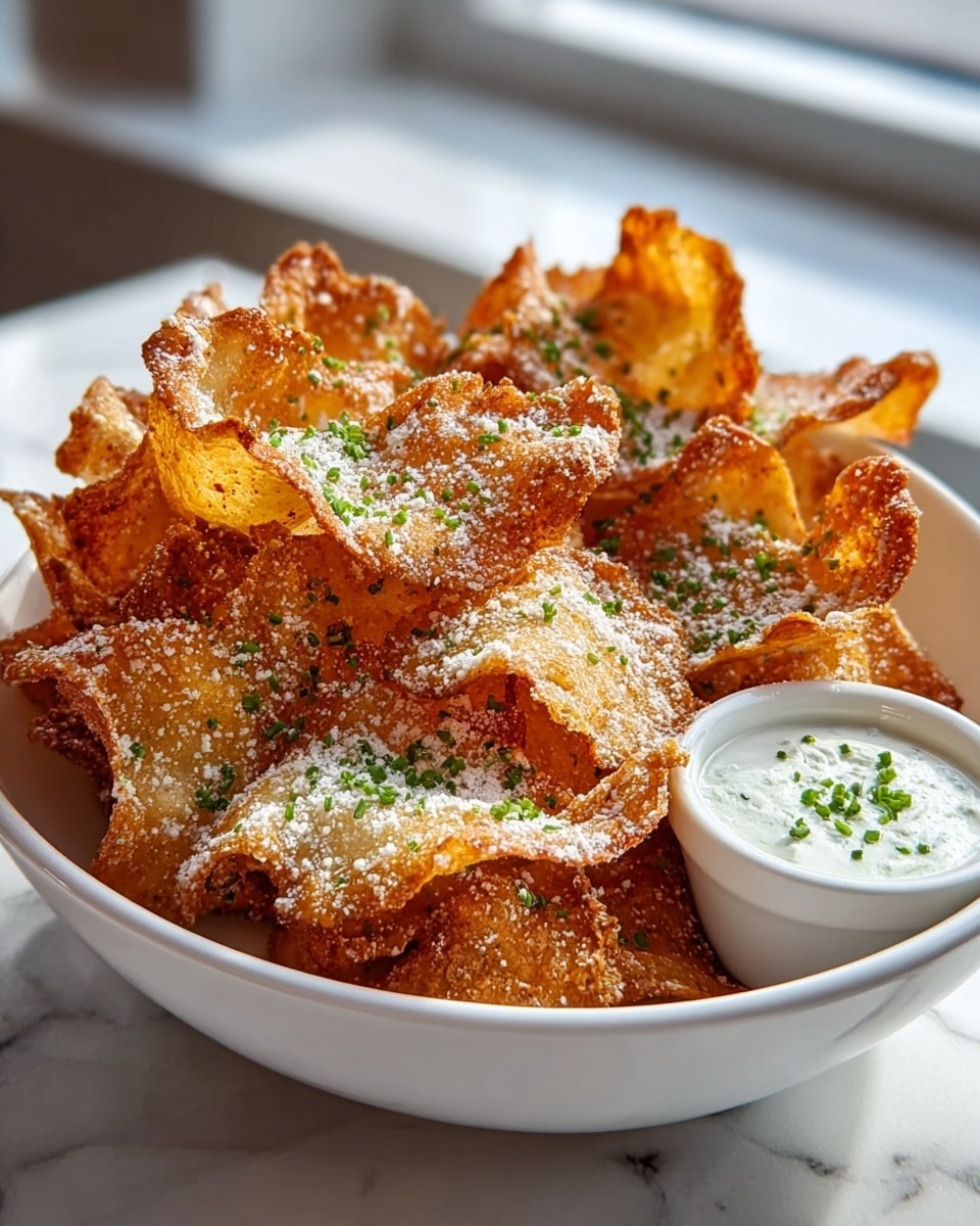 A white bowl filled with a large pile of crispy, golden-brown fried chips, each chip showing a rough, crunchy texture with some edges darker than others. The chips are sprinkled evenly with finely chopped green herbs and a light dusting of white grated cheese. To the side in the same bowl, there is a small white cup of creamy white dipping sauce topped with some green herbs. The bowl sits on a white marbled surface with soft natural light coming from a window in the background. photo taken with an iphone --ar 4:5 --v 7