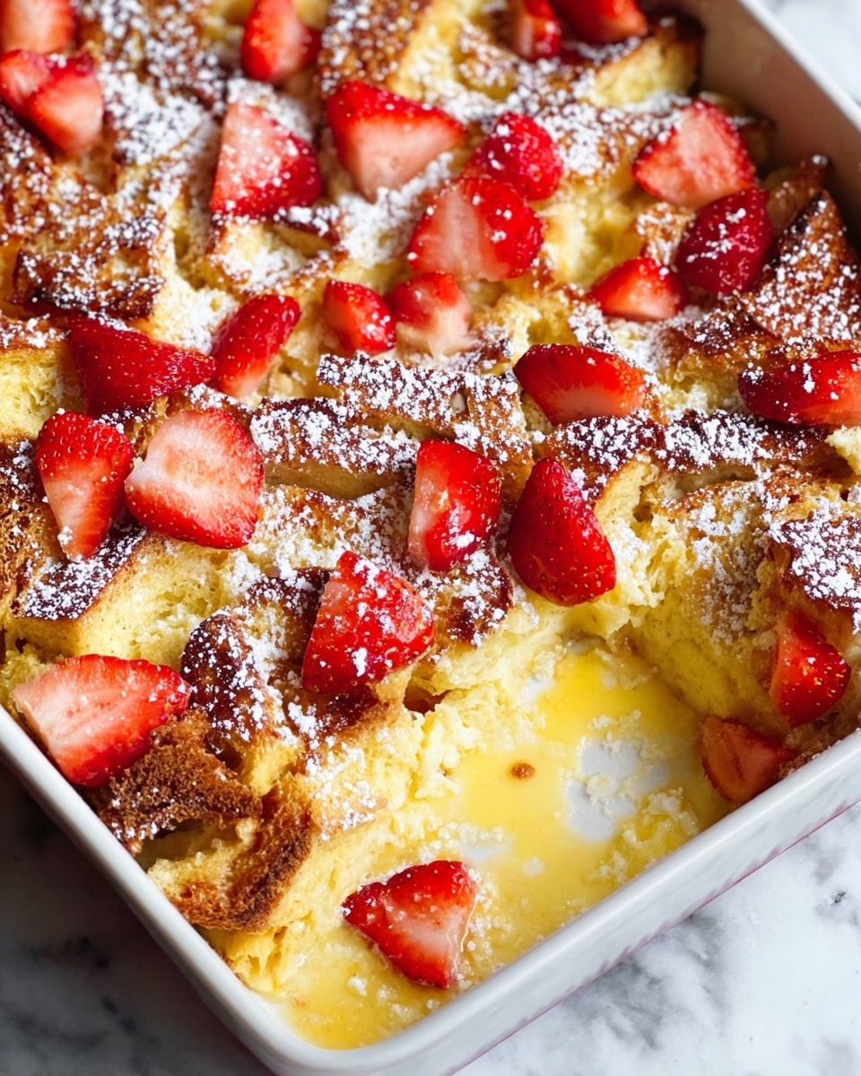 A close-up view of a white rectangular baking dish filled with golden brown baked bread pieces layered with a creamy yellow custard-like mixture. On top of the bread and custard layer, there are scattered bright red strawberry slices, some with visible seeds, adding a fresh and colorful look. The entire dish is dusted with white powdered sugar, contrasting with the warm tones of the bread. Part of the dish is scooped out revealing the soft texture inside. The baking dish is set on a white marbled surface. photo taken with an iphone --ar 4:5 --v 7