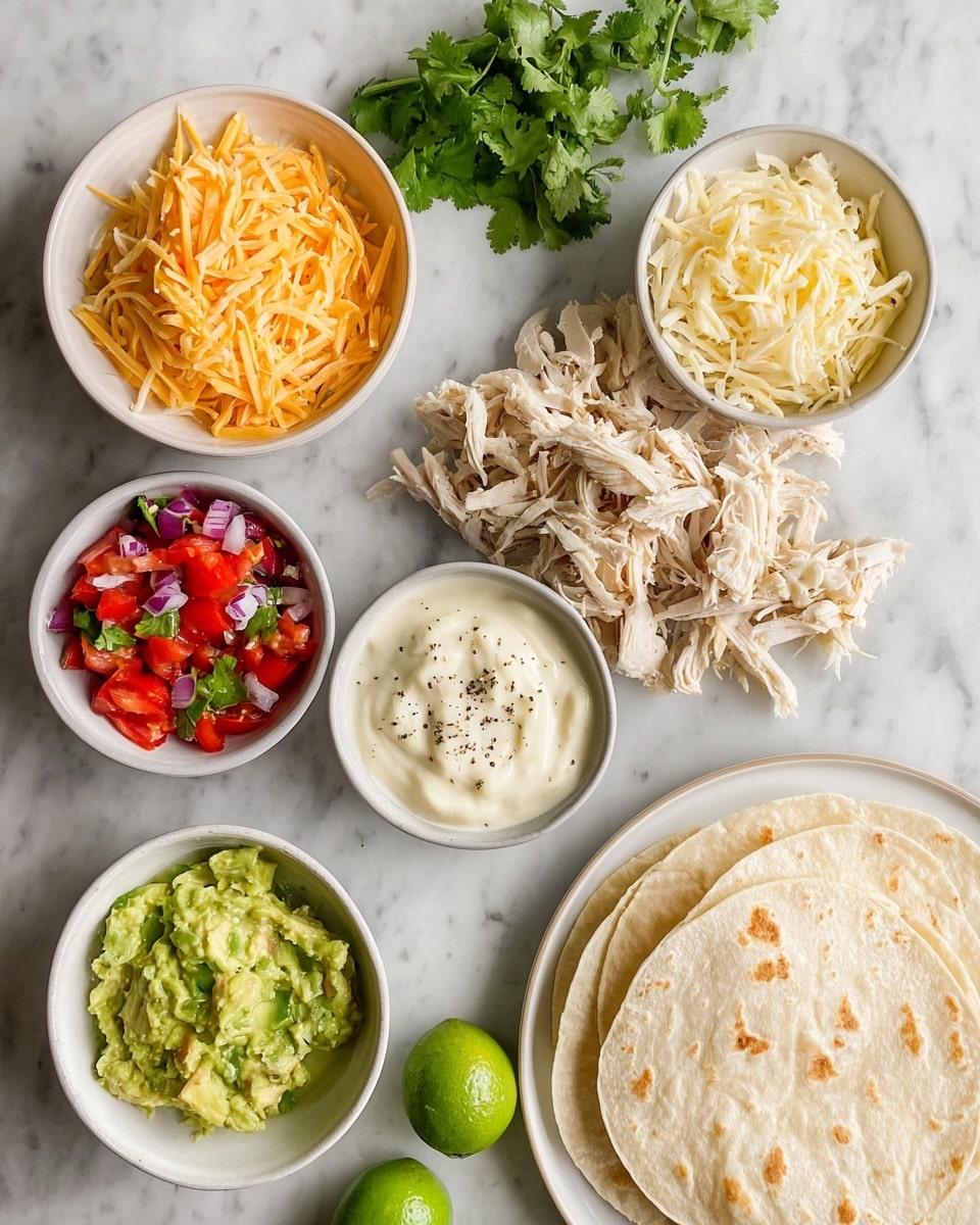The image shows several small white bowls with different ingredients on a white marbled surface. There is one bowl with shredded orange cheese, another with shredded pale yellow cheese, a bowl with a creamy white sauce, a bowl with chopped red tomatoes mixed with green herbs and small pieces of purple onion, and a bowl with mashed green avocado. Next to the bowls is a white plate with shredded white chicken seasoned with black pepper. Fresh green cilantro leaves are placed beside the bowls. Toward the bottom right, there are soft white flour tortillas stacked on the white marbled surface, with two whole green limes nearby. Photo taken with an iphone --ar 4:5 --v 7