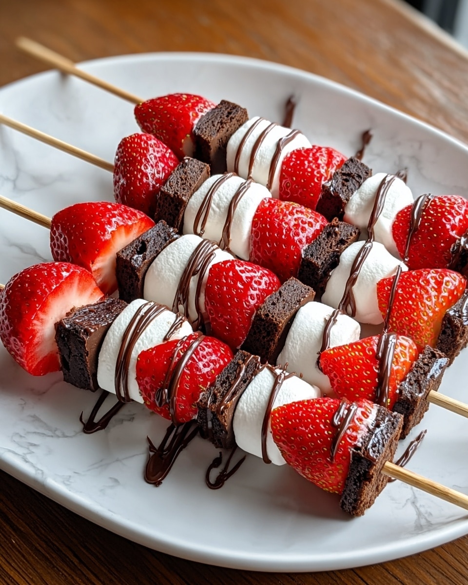 Three wooden skewers lie side by side on a white oval plate, each skewer threaded with four layers alternating between bright red strawberries, white marshmallows, and dark brown brownie cubes. The strawberries are fresh and glossy, some showing their green tops, with the brownie cubes appearing moist and dense with a slightly rough texture. The marshmallows are smooth and puffy. A drizzle of shiny dark chocolate sauce zigzags across the top of each skewer, adding a glossy contrast. The plate rests on a wooden table with a white marbled surface visible around it. Photo taken with an iphone --ar 4:5 --v 7