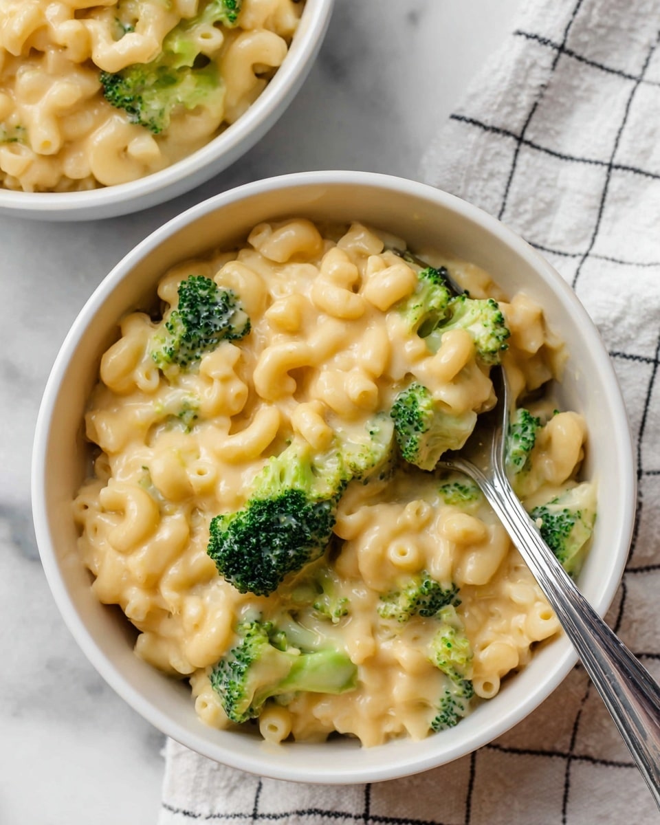 Two white bowls show creamy macaroni and cheese with bright green broccoli pieces mixed in. The macaroni is small and curved, covered in a smooth, pale yellow cheese sauce that looks thick and soft. In the front bowl, a silver spoon lifts a spoonful of pasta with broccoli above the creamy pasta layer. Both bowls sit on a white marbled surface with a white cloth that has thin black stripes under them. The image is bright and clear, showing the texture of the creamy sauce and the fresh broccoli photo taken with an iphone --ar 4:5 --v 7