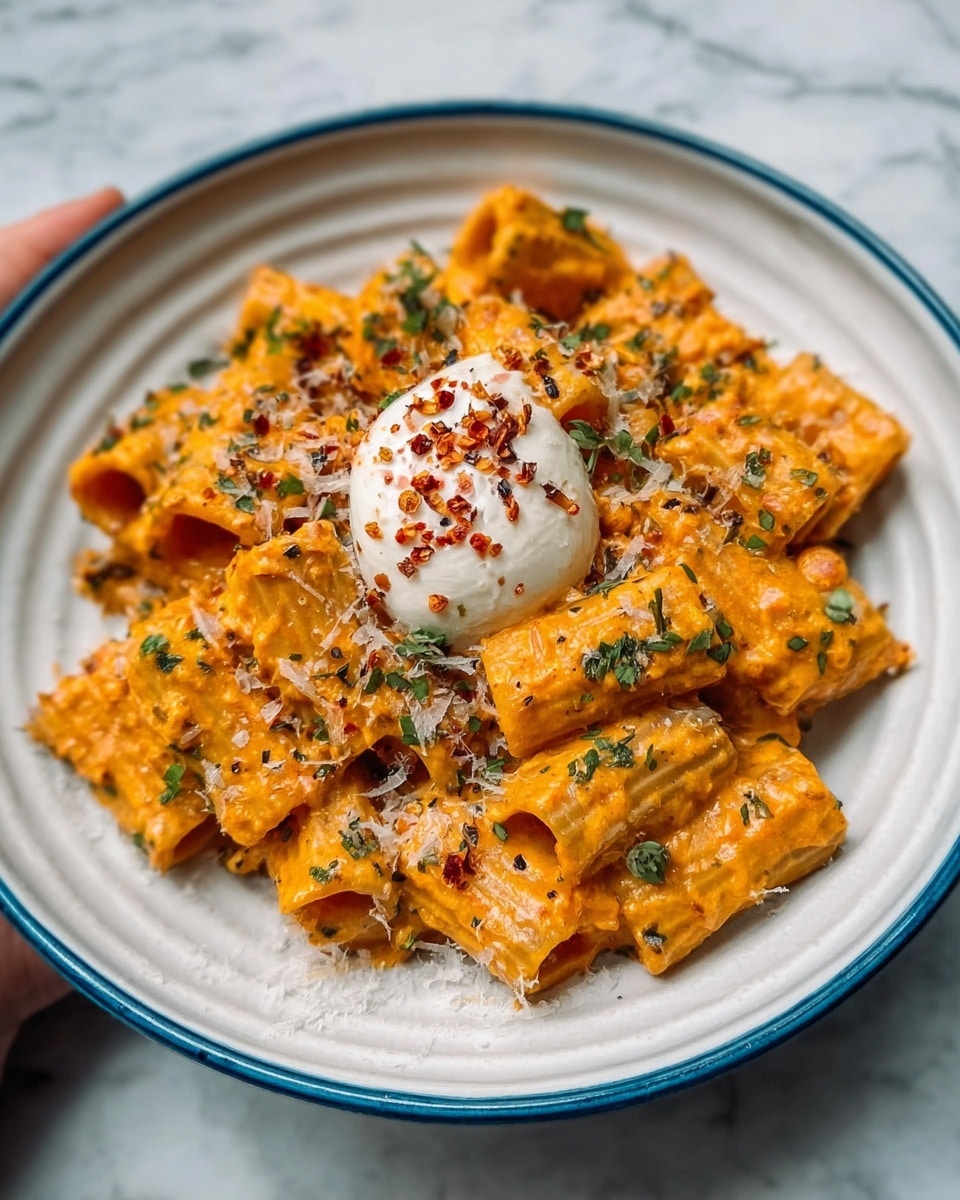 A white bowl filled with rigatoni pasta covered in a rich orange sauce, topped with grated cheese and small bits of green herbs scattered evenly. In the center sits a small round ball of creamy white cheese with a few red chili flakes on top. The pasta texture is firm and smooth, with the sauce clinging to each piece. The bowl rests on a white marbled surface. photo taken with an iphone --ar 4:5 --v 7