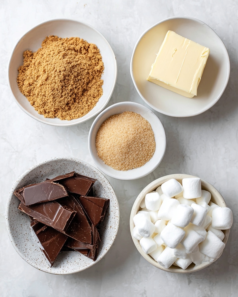 Five white bowls are arranged over a white marbled surface. The top left bowl holds light brown, fine graham cracker crumbs with a soft texture and a small mound in the center. The top right bowl contains a pale yellow slab of butter leaning to one side. Below it in the center is a bowl filled with slightly clumpy light brown sugar. On the bottom left, a speckled white bowl carries broken pieces of dark chocolate with smooth, shiny surfaces. The bottom right bowl is filled with white, puffy marshmallows that look soft and round. photo taken with an iphone --ar 4:5 --v 7