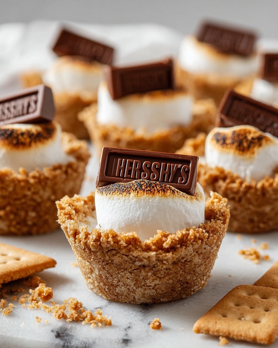 The image shows several small dessert cups made from a crumbly, golden brown crust shaped into a cup form. Each cup is filled with a soft, toasted marshmallow layer that has a slightly golden top, sitting just above the crust edge. A small rectangular piece of dark chocolate with the