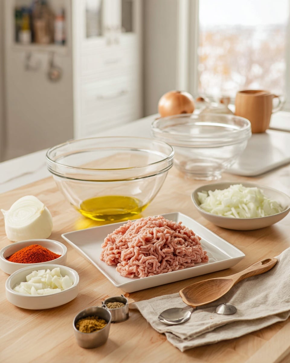 The image shows a white rectangular plate in the center with a pile of pale pink ground meat with visible strands. To the left, there is a small white round dish with finely chopped white garlic, and next to it, a similar dish filled with bright red-orange powder, likely paprika or chili powder. In front of these dishes is a clear glass bowl holding golden olive oil. To the right of the plate, a white bowl contains roughly chopped white onion pieces. Near it, there are three metal measuring spoons, two filled with yellow and brown spices. Behind the plate, two empty clear glass mixing bowls are visible, one stacked with a wooden cup inside, resting on a folded beige cloth. A wooden spoon lies on the light wooden table beside the bowl of onions. The kitchen background is softly blurred with white cabinets and a window letting natural light in. The surface under the items is a white marbled texture. photo taken with an iphone --ar 4:5 --v 7