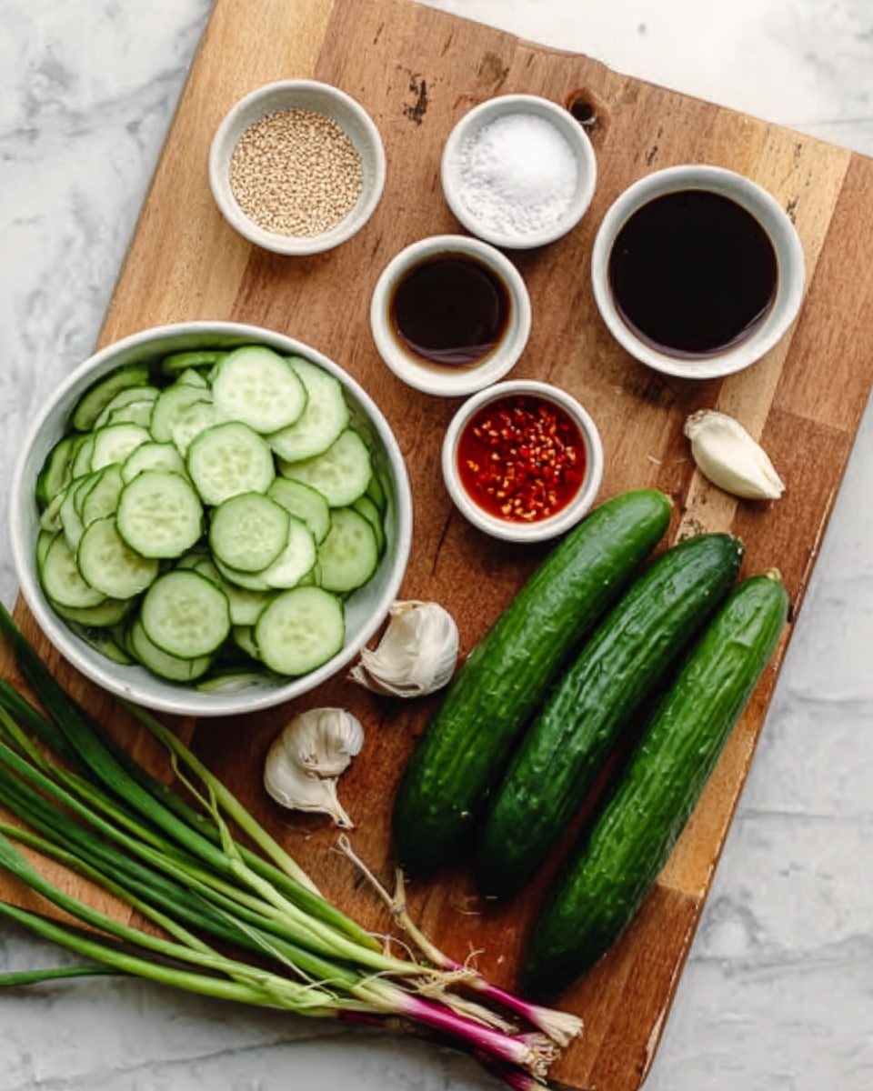 The image shows a wooden board with various ingredients neatly placed on it over a white marbled surface. There are three fresh green cucumbers on the top right and two cloves of garlic below them. On the left side, a white bowl filled with thinly sliced cucumber rounds is visible. Around the bowl, there are five small white bowls containing different seasonings: one with a white powder (likely salt), one with a dark brown liquid (soy sauce), one with a bright red sauce, one with sesame seeds, and one with red chili flakes. In the lower part of the image, a few green onions with purple roots lie diagonally. Photo taken with an iphone --ar 4:5 --v 7