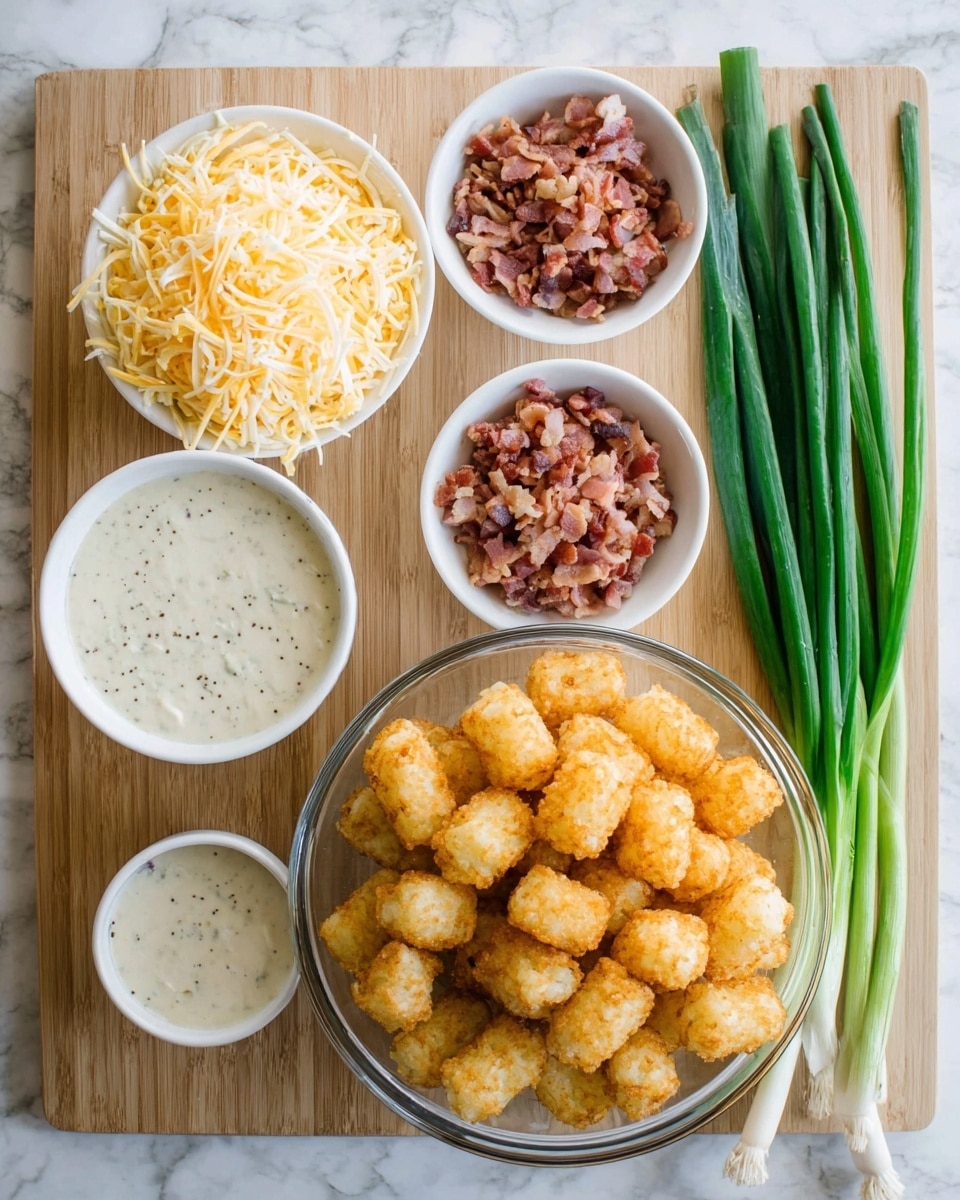 In this image, there is a wooden board placed on a white marbled surface holding five food items in separate white bowls and a bunch of green onions. The top left white bowl is filled with shredded cheese, a mix of light yellow and white strands, creating a fluffy pile. To its right, another white bowl contains small crumbles of cooked bacon, showing a pinkish-brown color and a slightly crispy texture. Below these is a medium-sized clear glass bowl heaped with golden-brown tater tots that look crunchy and evenly cooked. Near the bottom left corner of the board, a small white bowl has a creamy white sauce with specks of black pepper. Next to this bowl, on the board itself, lies a bunch of fresh green onions with long dark green leaves and white bulbs. Photo taken with an iphone --ar 4:5 --v 7