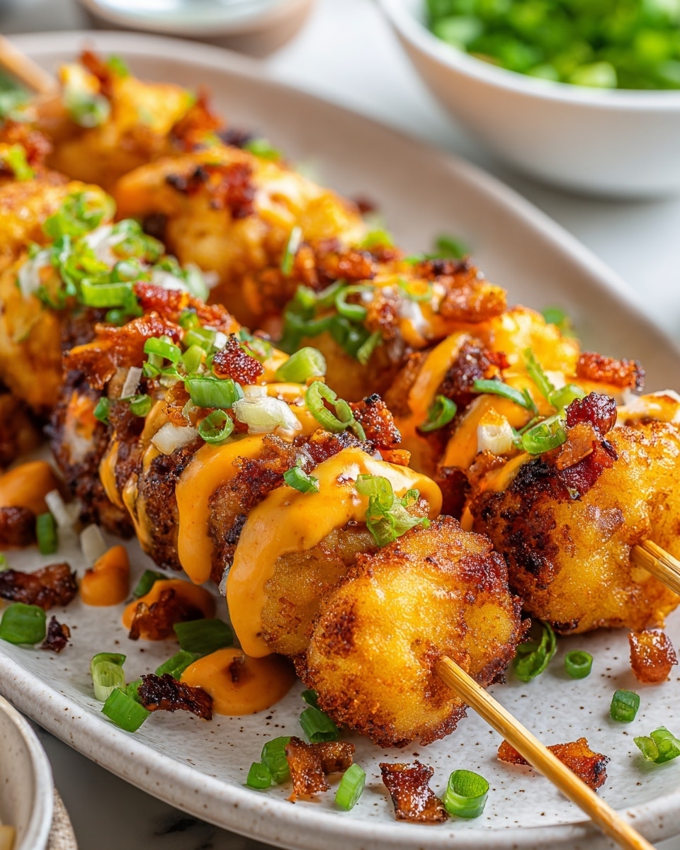 The image shows three wooden skewers, each holding four pieces of golden brown fried food with a rough, crispy texture. The pieces are drizzled with a bright orange sauce and garnished with small chunks of darker brown crispy bits and chopped green onions scattered over the skewers and plate. The skewers rest on a light grey speckled oval plate placed on a white marbled surface. In the blurry background, there is a white bowl with green leaves. Photo taken with an iphone --ar 4:5 --v 7