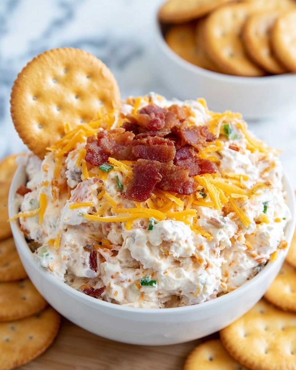 A close-up view of a white bowl filled with a creamy, chunky dip that has a thick base mixed with pieces of orange cheese and white creamy texture throughout. On top, there are small bits of crispy dark reddish bacon and bright yellow shredded cheddar cheese layered with a few thin slices of green onion scattered around. The dip looks rich with a mix of soft and crunchy textures, sitting on a white marbled surface with some blurred crackers in the background. Photo taken with an iphone --ar 4:5 --v 7