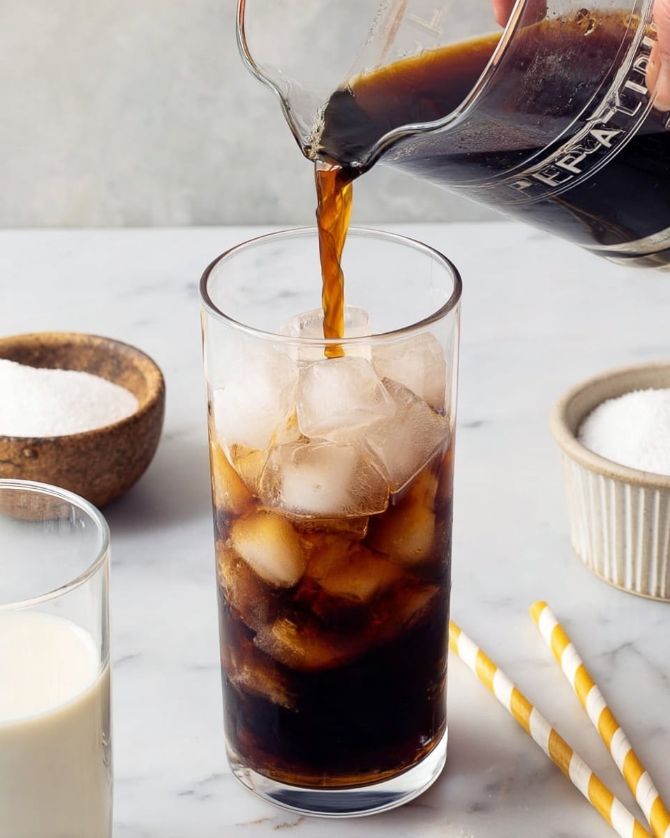 A clear tall glass filled with large round ice cubes is in the center, dark brown coffee is being poured into it from a clear Pyrex measuring jug held by a woman's hand at the top left. On the white marbled surface around the glass, there is a small glass of white milk on the bottom left, a white ceramic bowl filled with white sugar on the right, and two yellow and white striped paper straws placed near the bottom and top right of the frame. The glass shows a layered effect with the ice cubes and dark coffee mixing inside. Photo taken with an iphone --ar 4:5 --v 7